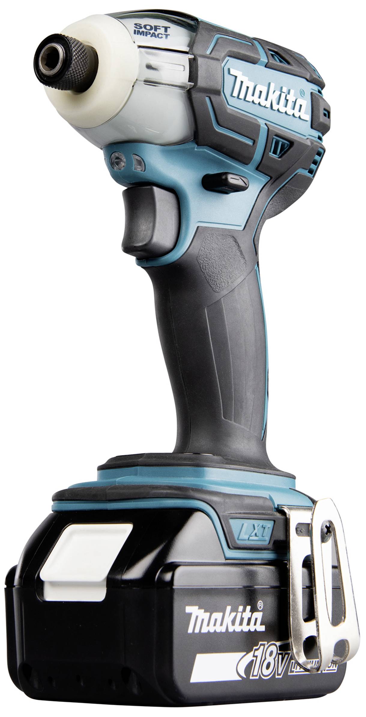 Modrý a černý akumulátorový šroubovák Makita, model s 18V akumulátorem, ergonomický design, vhodný pro řemeslné práce.