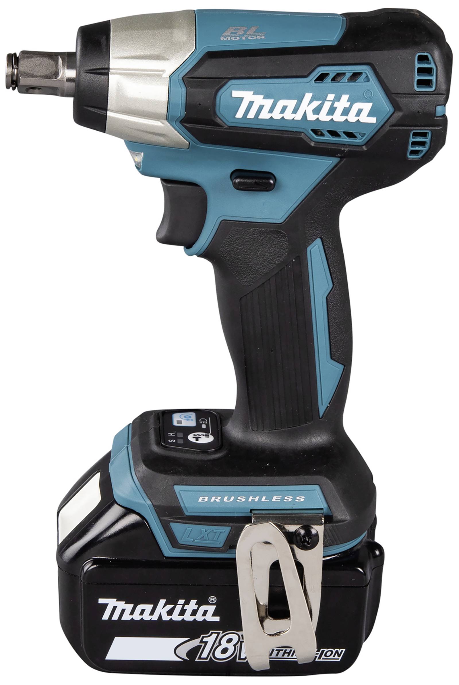 Akumulátorový rázový utahovák Makita, černomodrý, s ergonomickou rukojetí a lithium-iontovou baterií 18V.