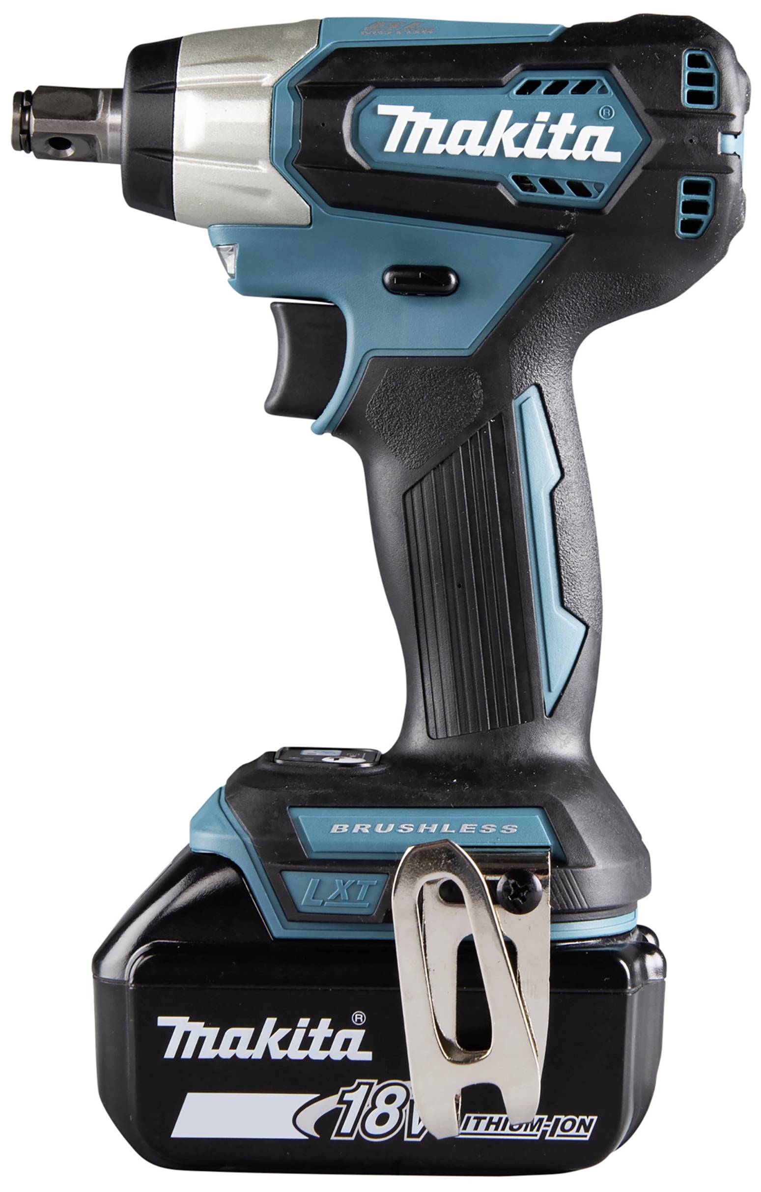 Bezuhlíkový akumulátorový rázový šroubovák Makita s 18V lithium-iontovým akumulátorem.
