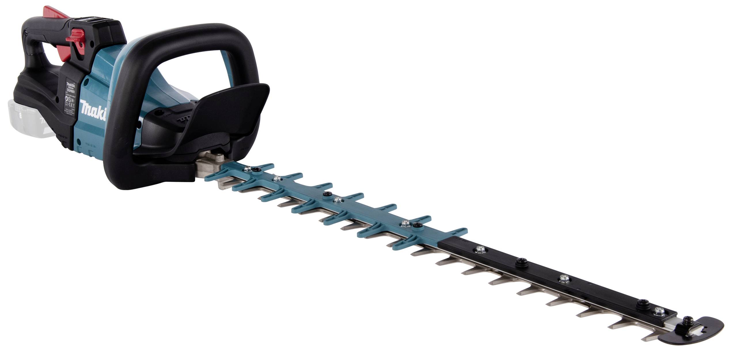 Zelený, akumulátorový plotový křovinořez s ergonomickou rukojetí a dlouhou čepeří, vhodný pro stříhání živých plotů.