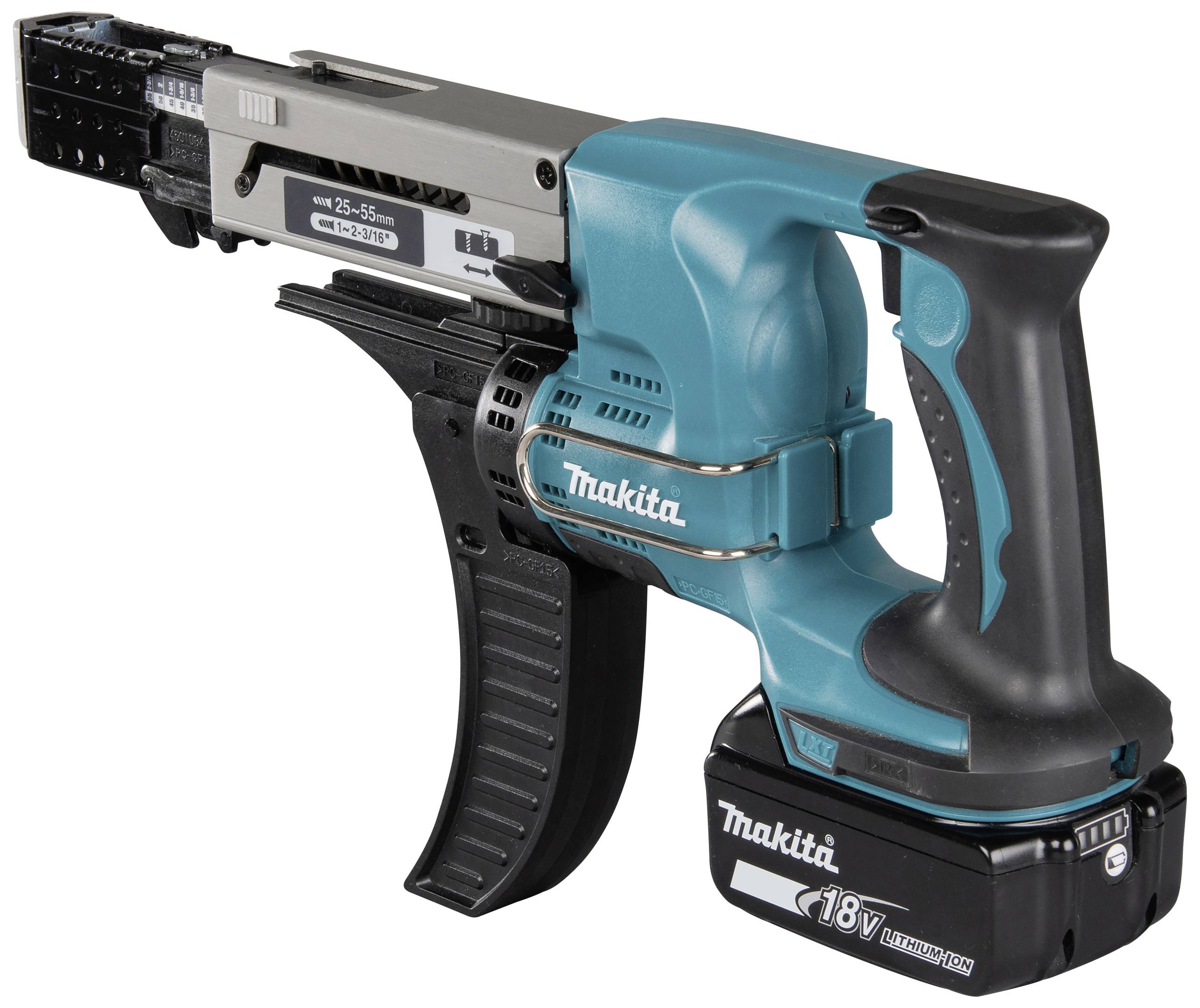 Bezdrátový modrý a černý akumulátorový šroubovák Makita s 18V lithium-iontovou baterií, vhodný pro stavební práce.
