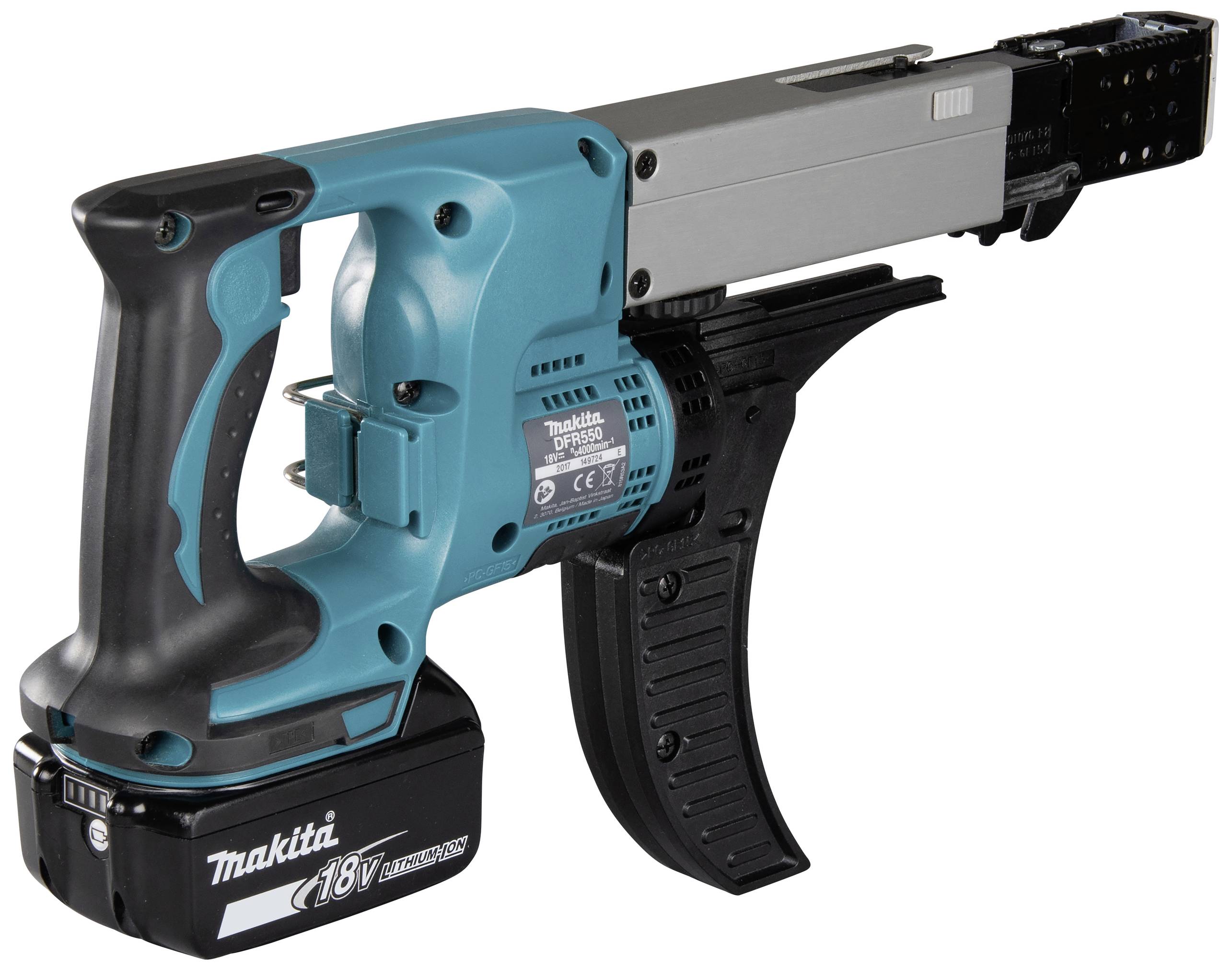Modrý černý akumulátorový šroubovák Makita, model 18V, s ergonomickou rukojetí a zásobníkem na šrouby.