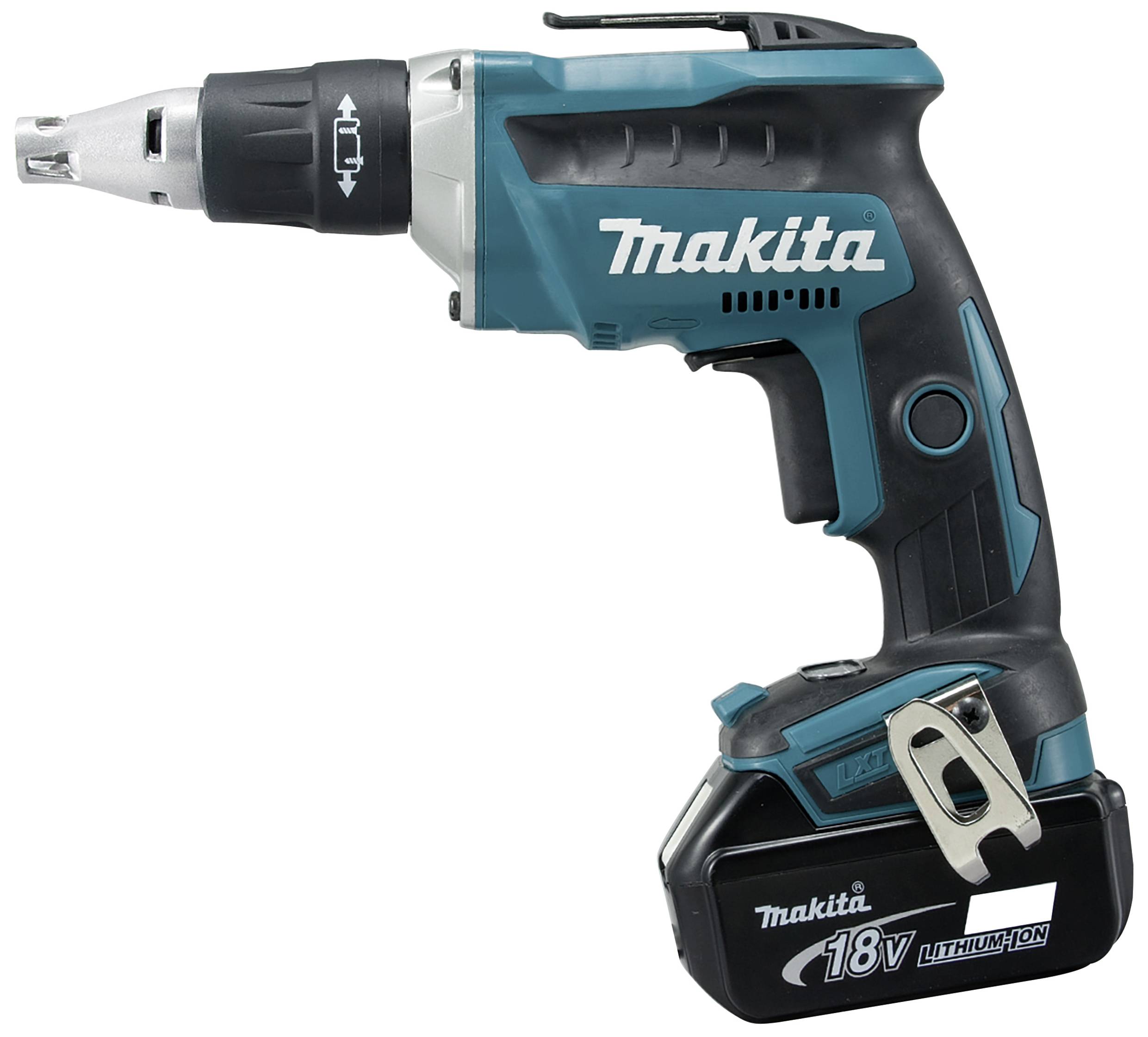 Akumulátorový šroubovák Makita, 18V lithium-iontový, v černé a modré barvě.