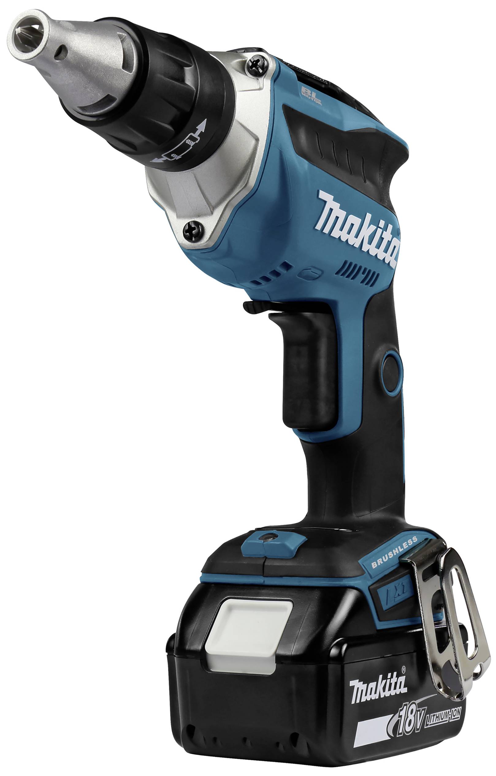 Akumulátorový šroubovák v modré a černé barvě s ergonomickou rukojetí, 18V baterií a bezkartáčovým motorem. Nástroj pro domácí kutilské projekty.
