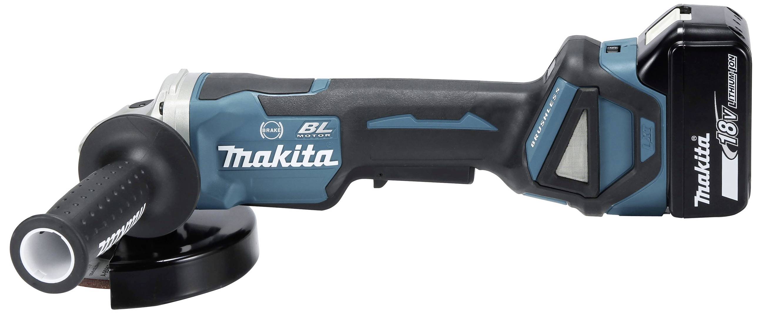 Akumulátorová úhlová bruska, model v modro-černém designu s bočním držadlem a 18V lithium-iontovou baterií.