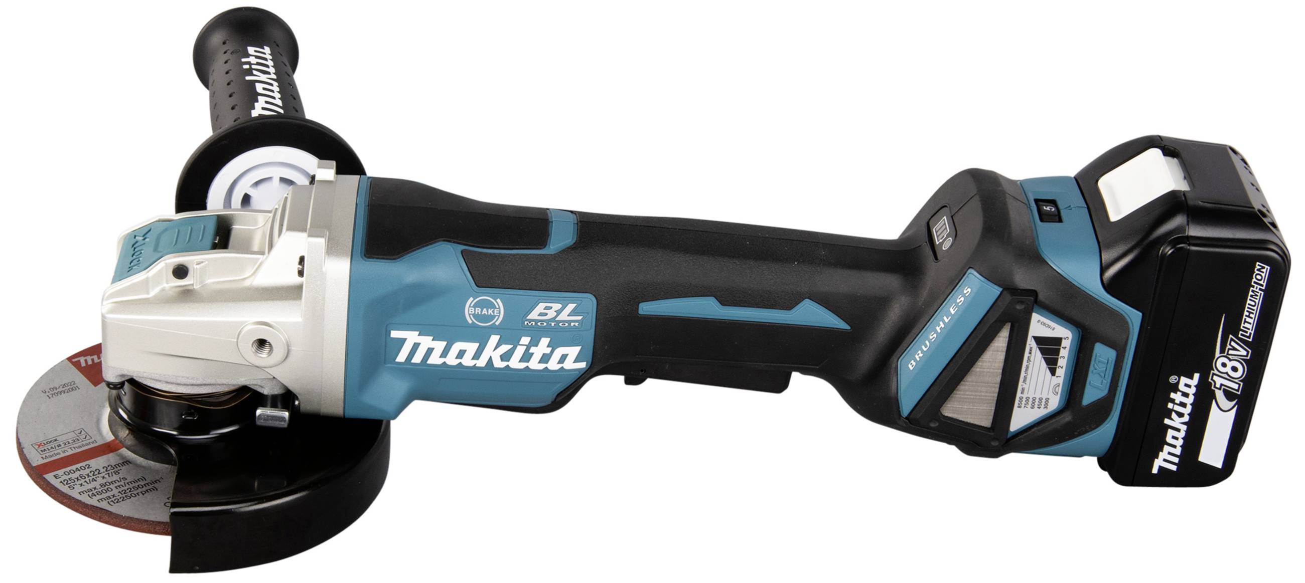 Akumulátorová úhlová bruska Makita, model s 18V baterií a ergonomickou rukojetí, vhodná pro broušení a řezací práce.