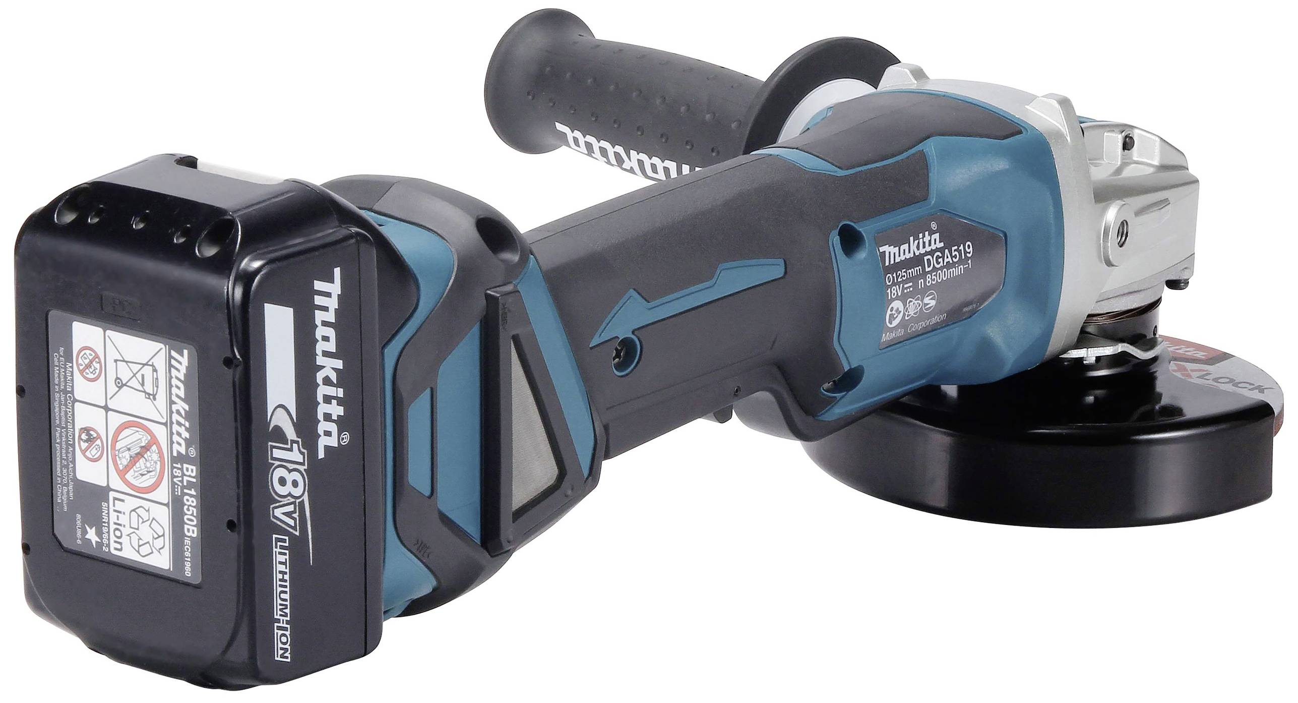 Bezdrátová úhlová bruska Makita s 18V akumulátorem, ergonomickou rukojetí a brusným kotoučem, umístěná před bílým pozadím.