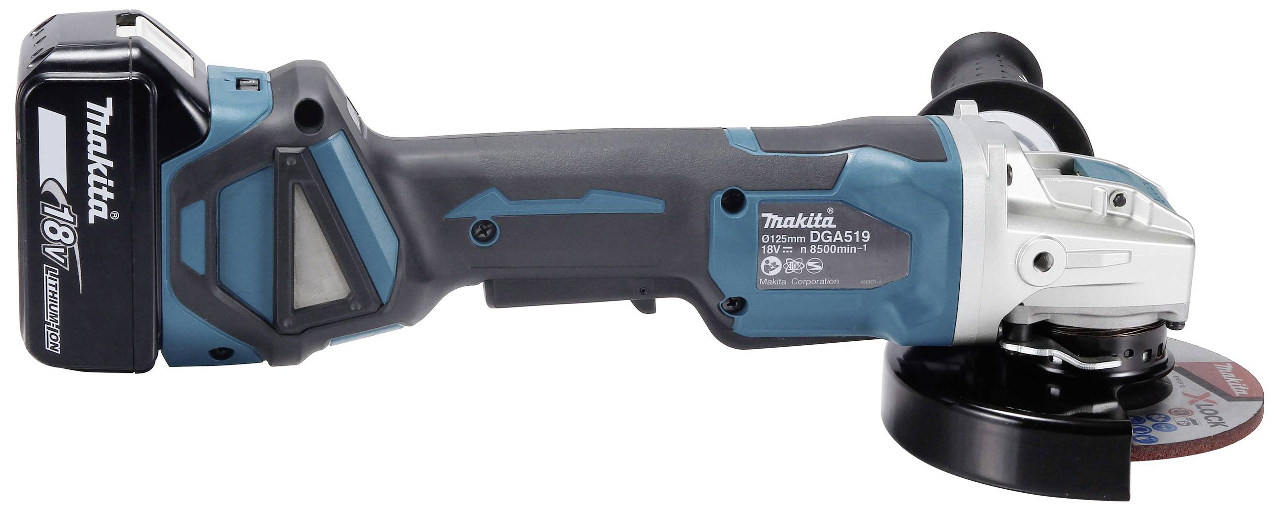 Modrá a černá akumulátorová úhlová bruska Makita, model DGA519 s 18V baterií, lehce zobrazená z boku.