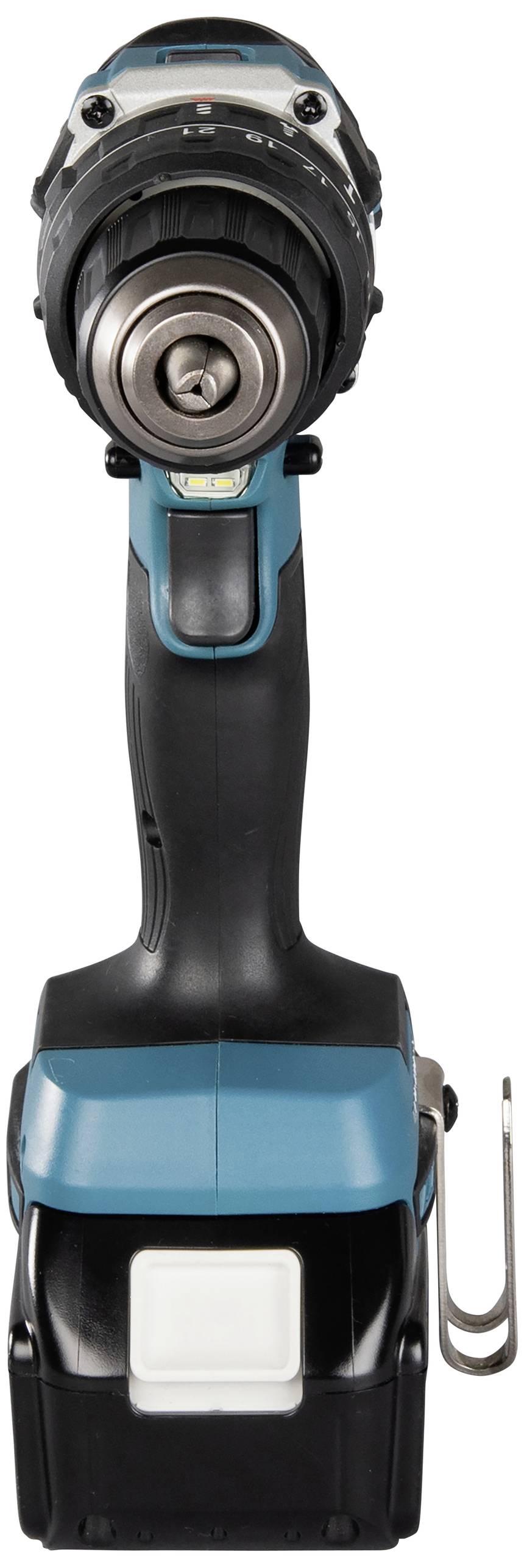 Akumulátorový šroubovák, černočerný s modrou barvou, pohled zepředu, zobrazuje sklíčidlo a ergonomickou rukojeť. Vhodný pro domácí kutilské práce.