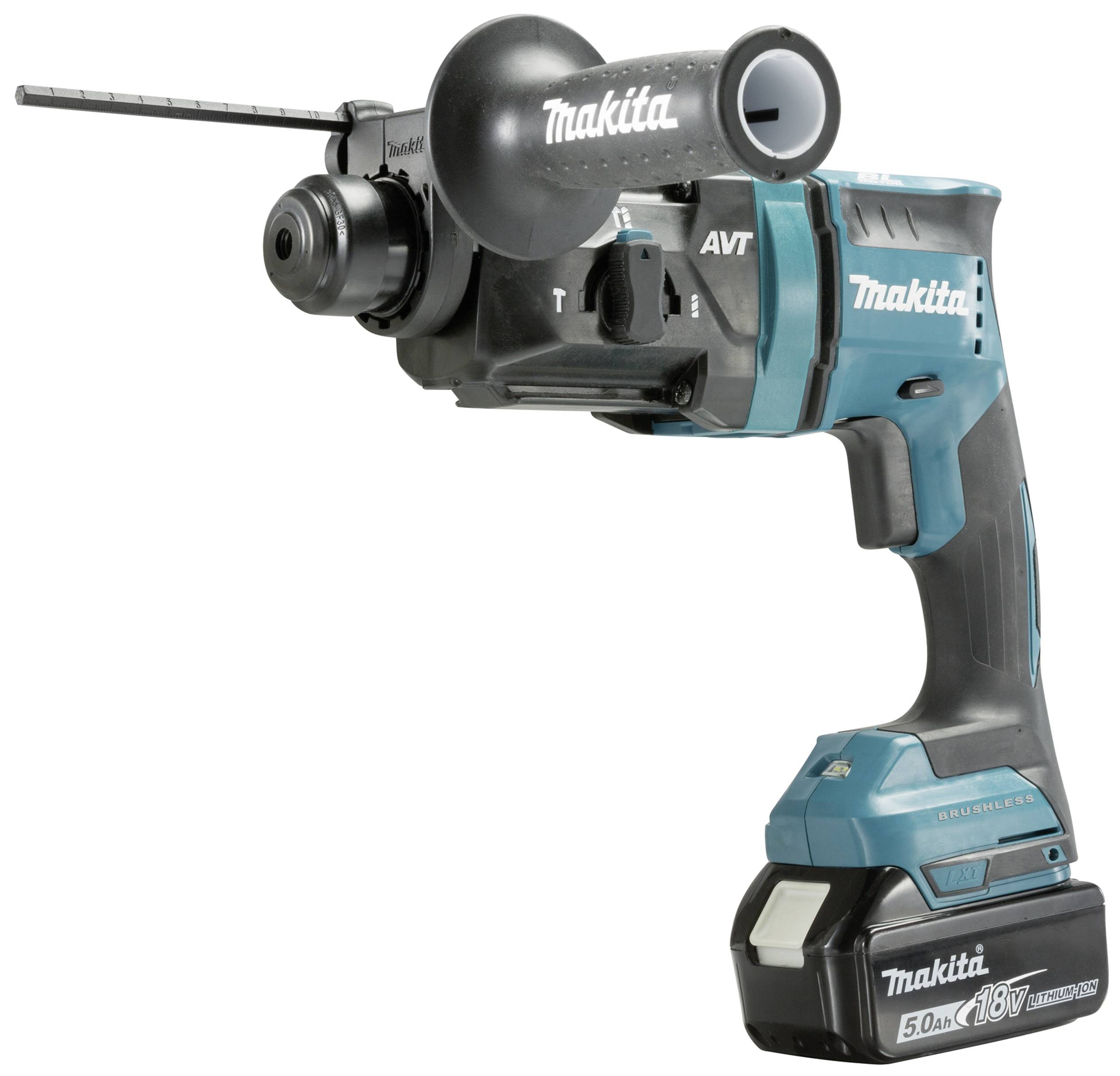 Akumulátorové kladivo Makita s ergonomickou rukojetí a akumulátorem. 18V, 5,0 Ah. Obsahuje technologii proti vibracím.