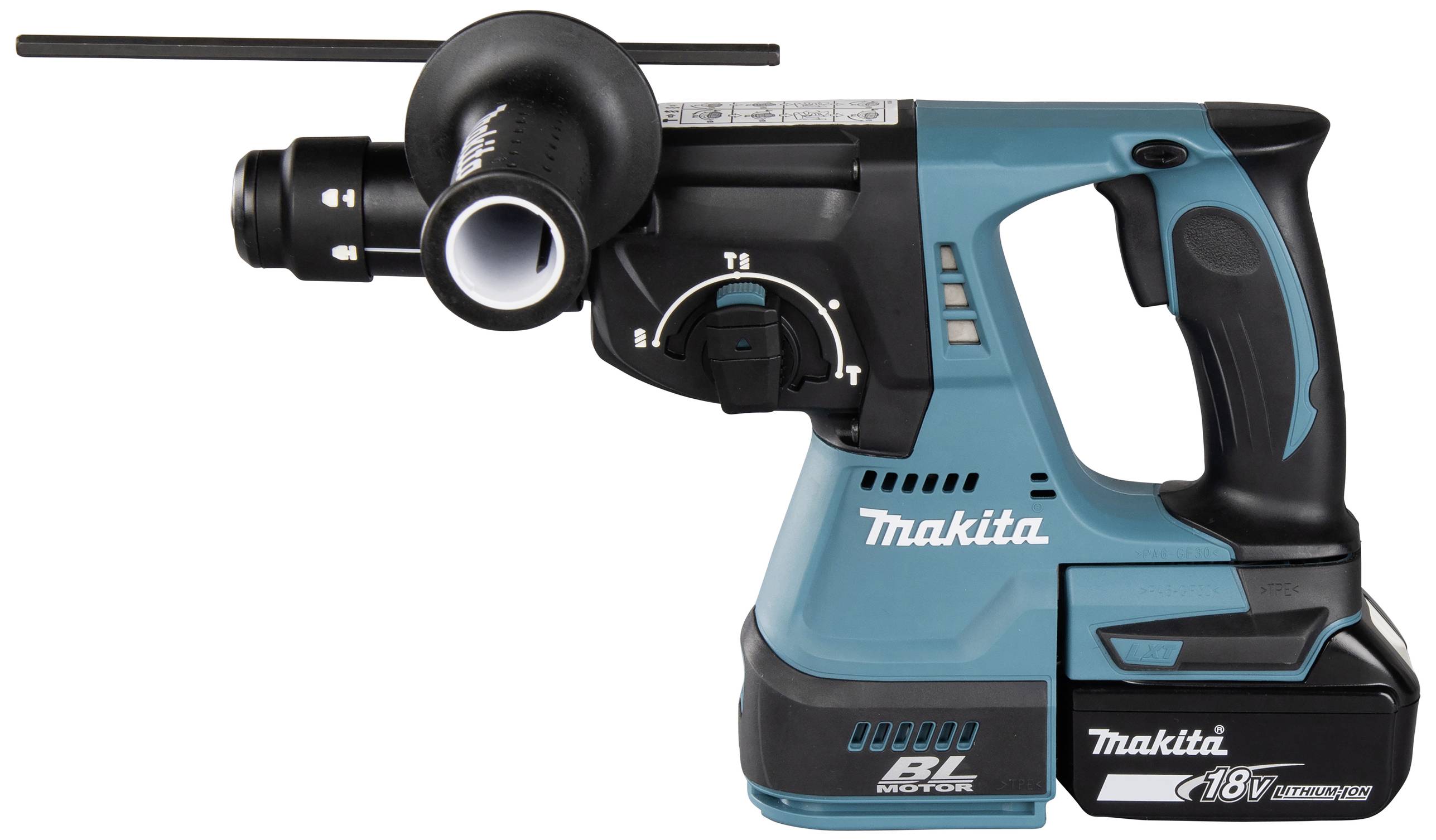 Bezdrátová příklepová vrtačka Makita v modré a černé barvě, model 18V, s ergonomickou rukojetí a nastavitelným držadlem.