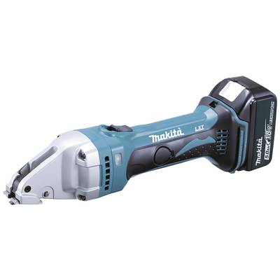 Bezdrátový modrý a černý řezač plechu Makita s akumulátorem, určený pro snadné řezání plechových materiálů.