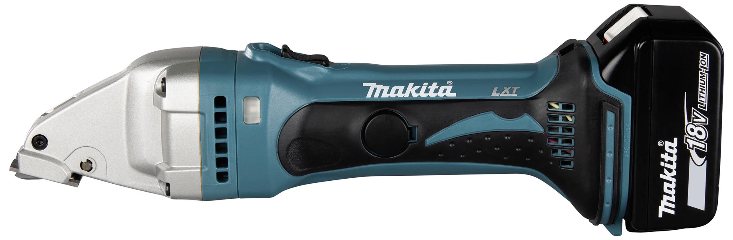 Akumulátorové nůžky na kov Makita v modro-černém provedení, pohled z boku.
