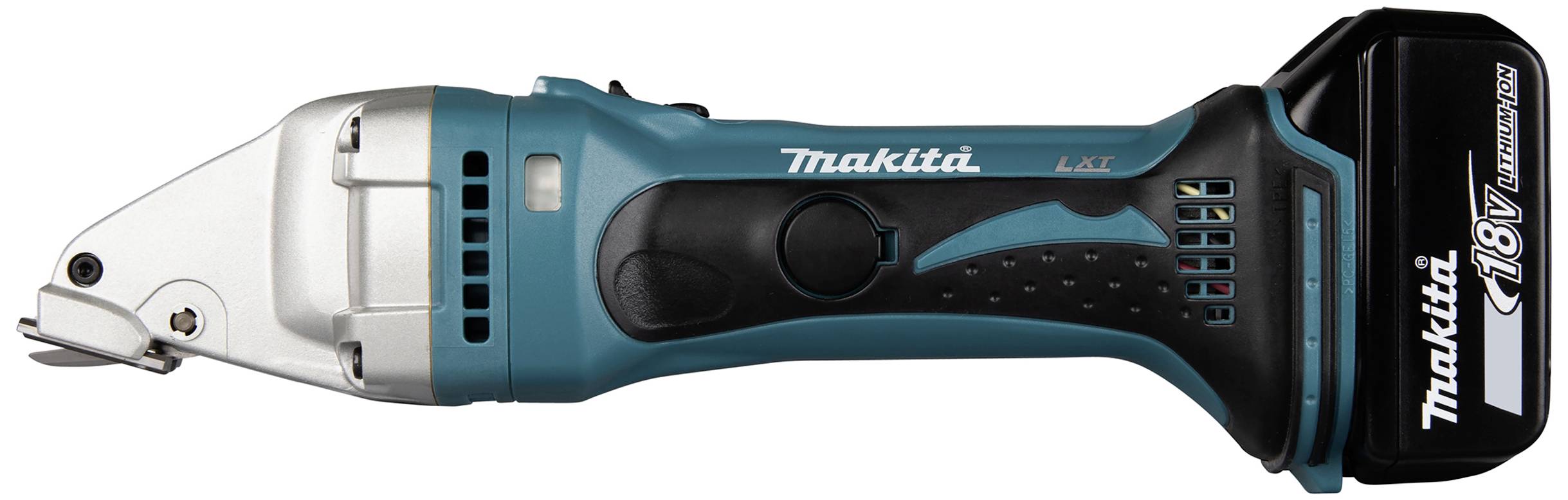 Bezdrátový modročerný Makita prostřihávač plechu s 18V lithium-iontovou baterií, určený pro přesné řezání kovu.