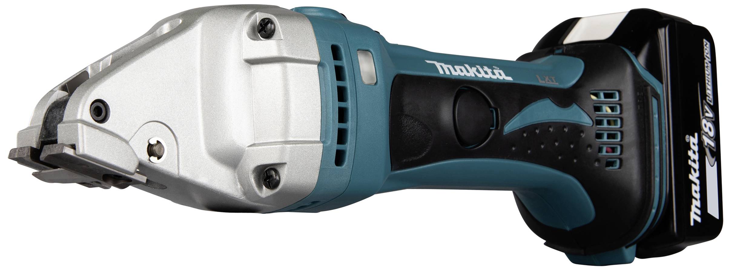 Akumulátorové kovové nůžky v modré a stříbrné barvě. Vhodné pro řezání tenkého kovového plechu. Má ergonomickou rukojeť a prostor pro baterii.