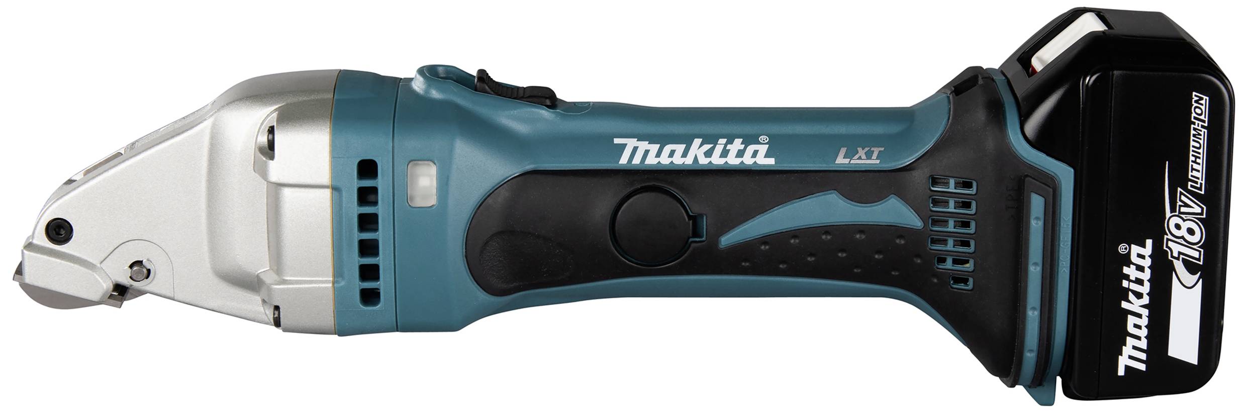 Bezdrátový řezací nástroj Makita s 18V akumulátorem, vhodný pro přesné řezání kovu nebo jiných materiálů.