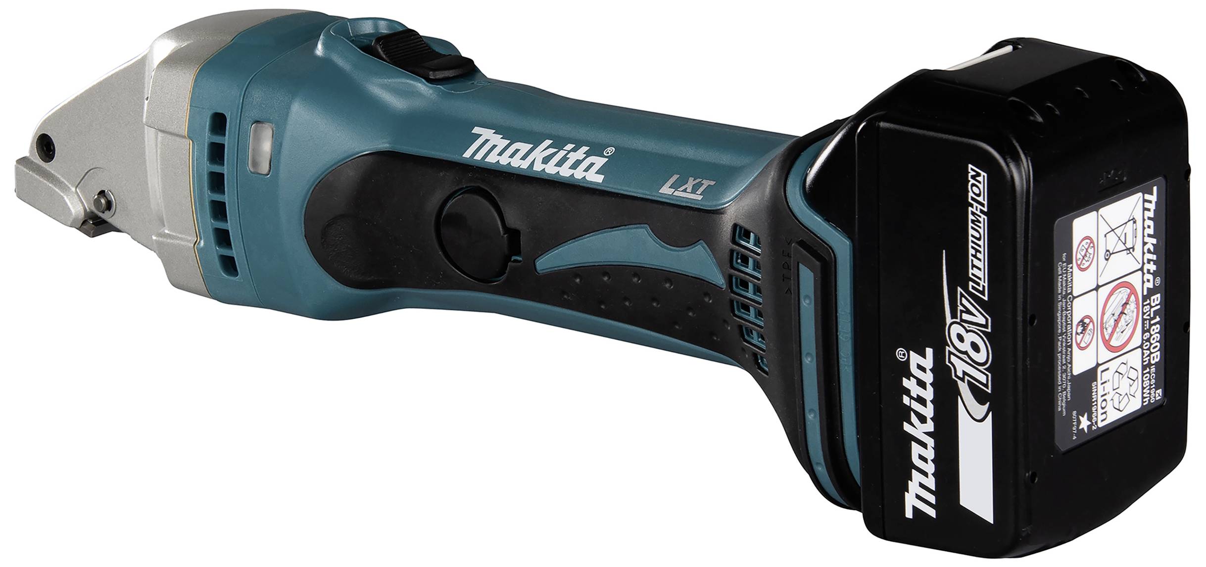 Akumulátorové Makita nůžky na plech s 18V baterií, vhodné pro řezání plechových materiálů.
