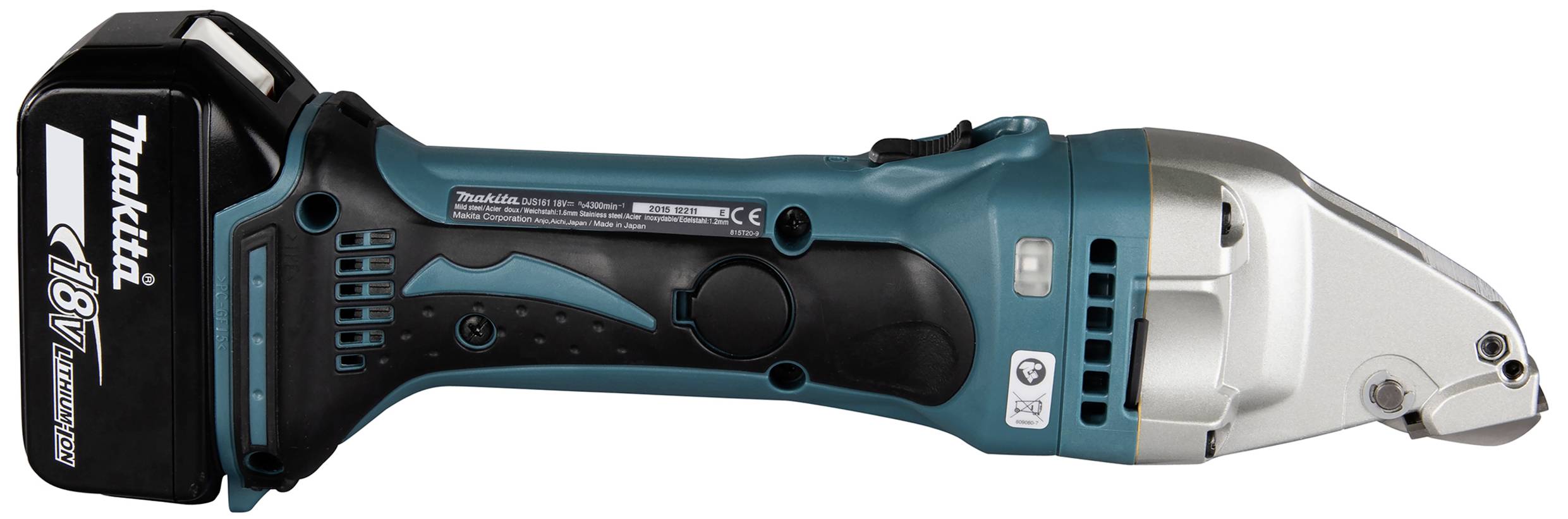 Modrý akumulátorový nůž na plech značky Makita s 18V lithium-iontovou baterií, vhodný pro řezání kovu.