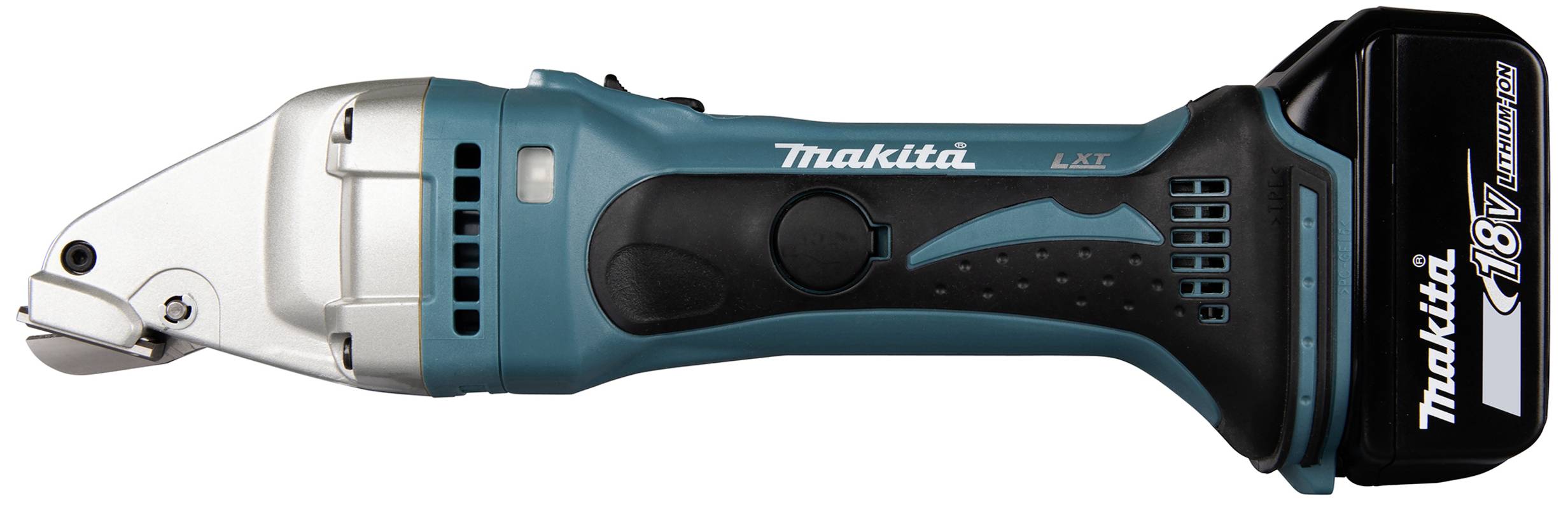 Akumulátorové nůžky na plech s ergonomickou rukojetí, bočním spouštěčem a 18V lithium-iontovou baterií.