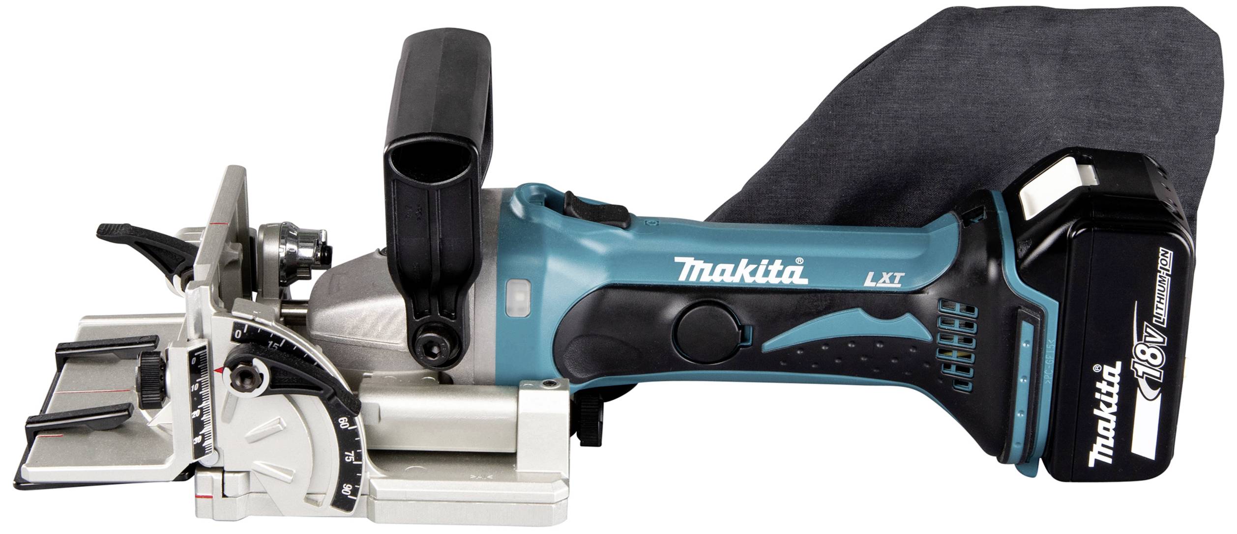 Akumulátorová frézka Makita, model LXT, s prachovým pytlíkem a ergonomickou rukojetí, vhodná pro přesné truhlářské práce.