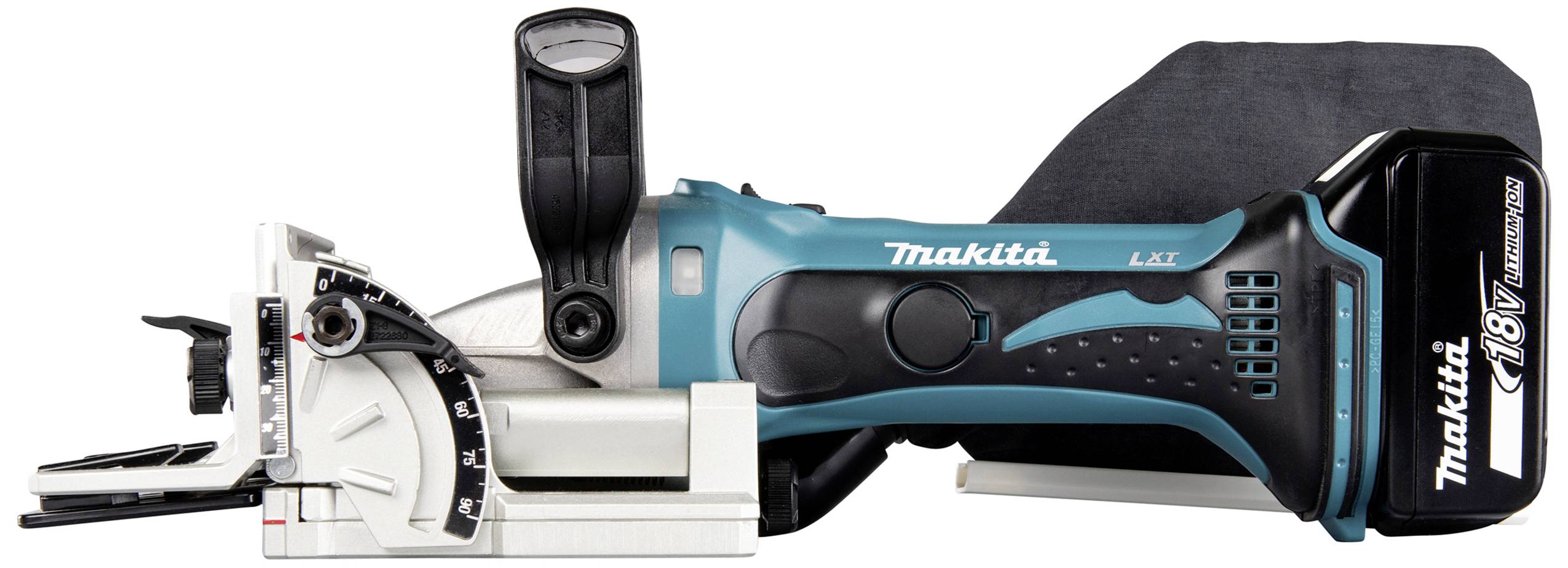 Bezdrátová plochá frézka Makita, model LXT, napájená 18V lithium-iontovou baterií, pohled z boku.