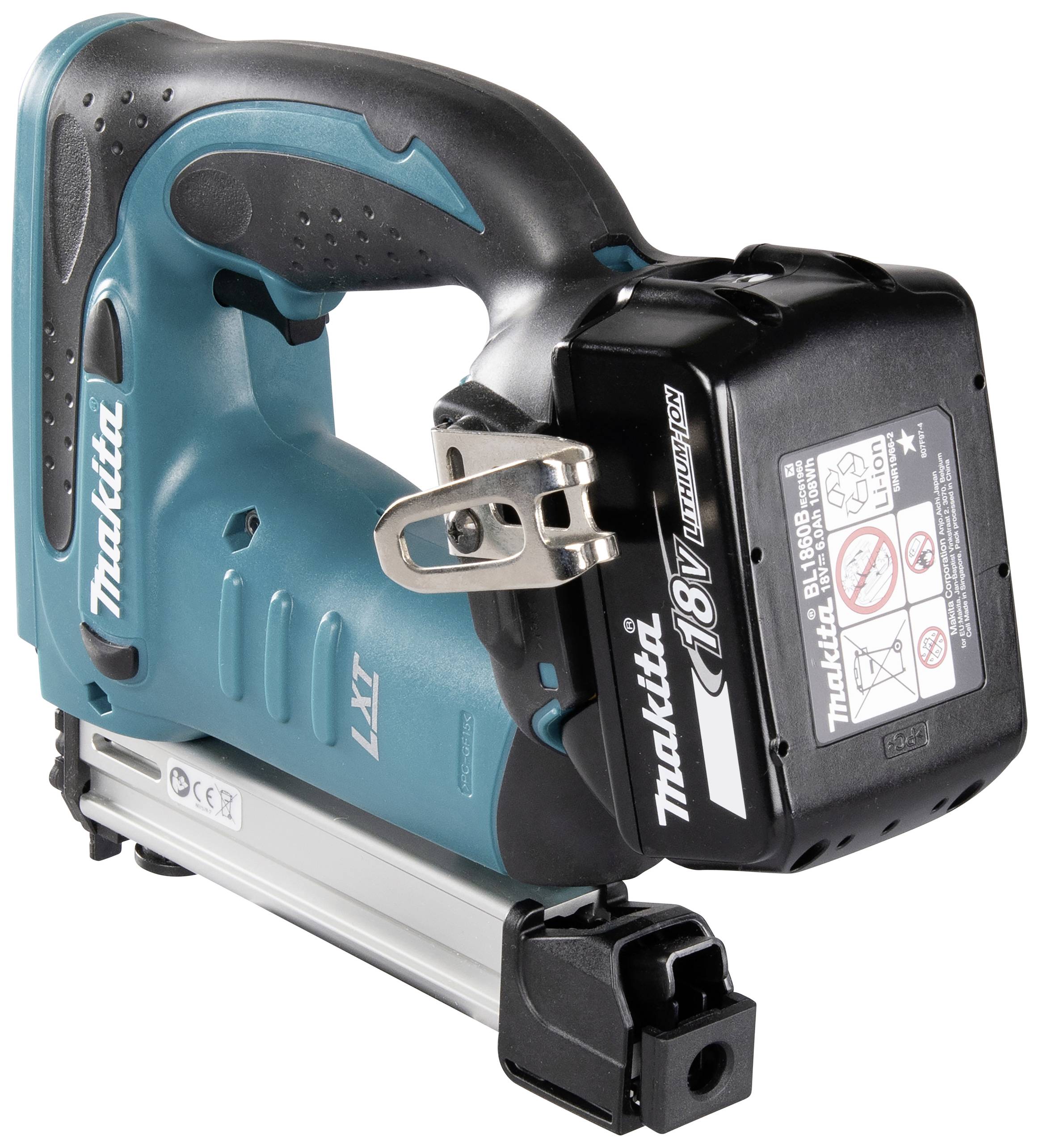 Bezdrátový akumulátorový hřebíkovač Makita, 18V. Ideální pro práce se dřevem. Disponuje ergonomickým designem a bezpečnostními pokyny na straně.
