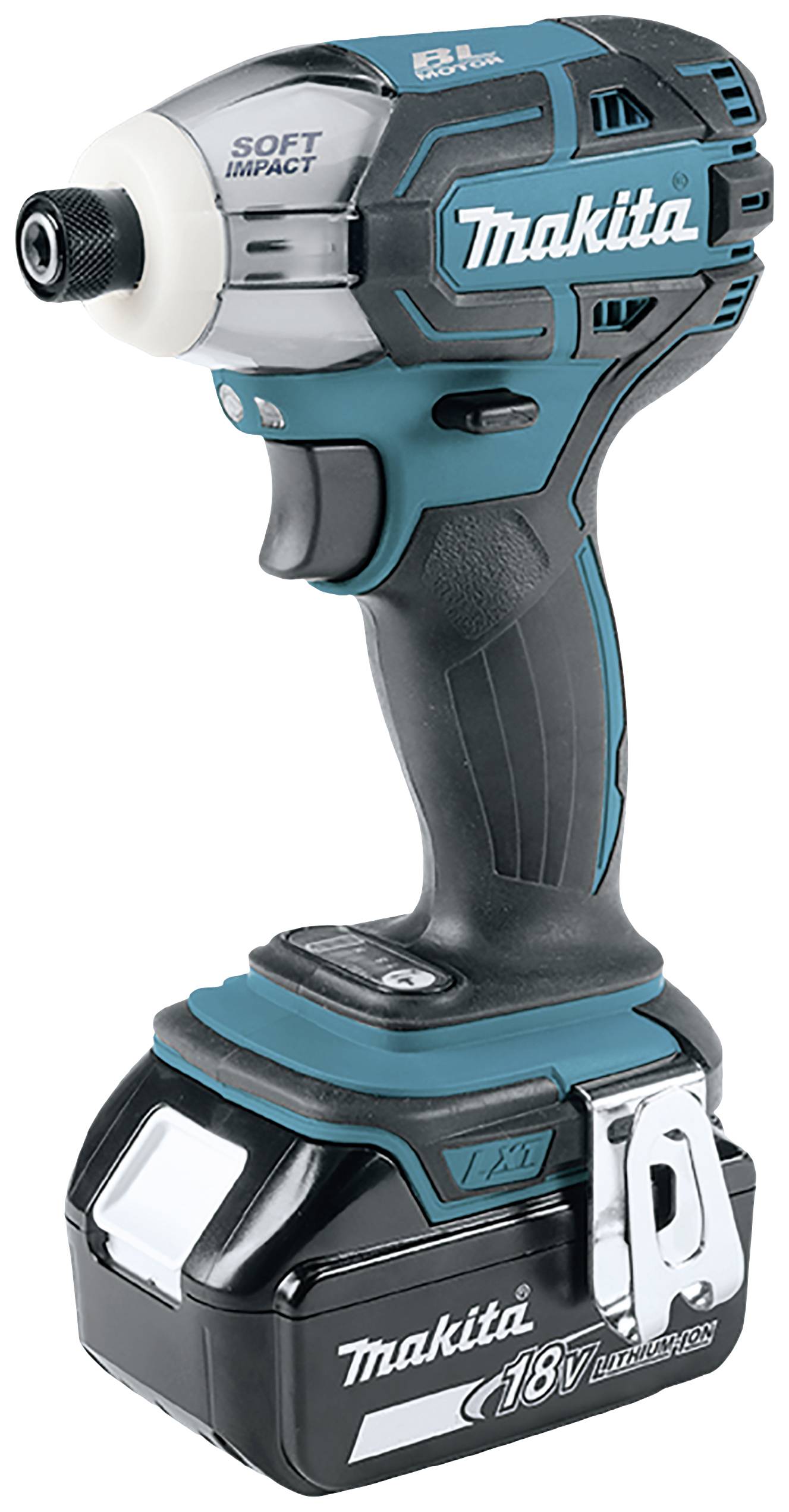 Akumulátorový šroubovák v modré a černé barvě s 18V lithium-iontovou baterií, ergonomicky tvarovanou rukojetí, vhodný pro šroubovací práce.