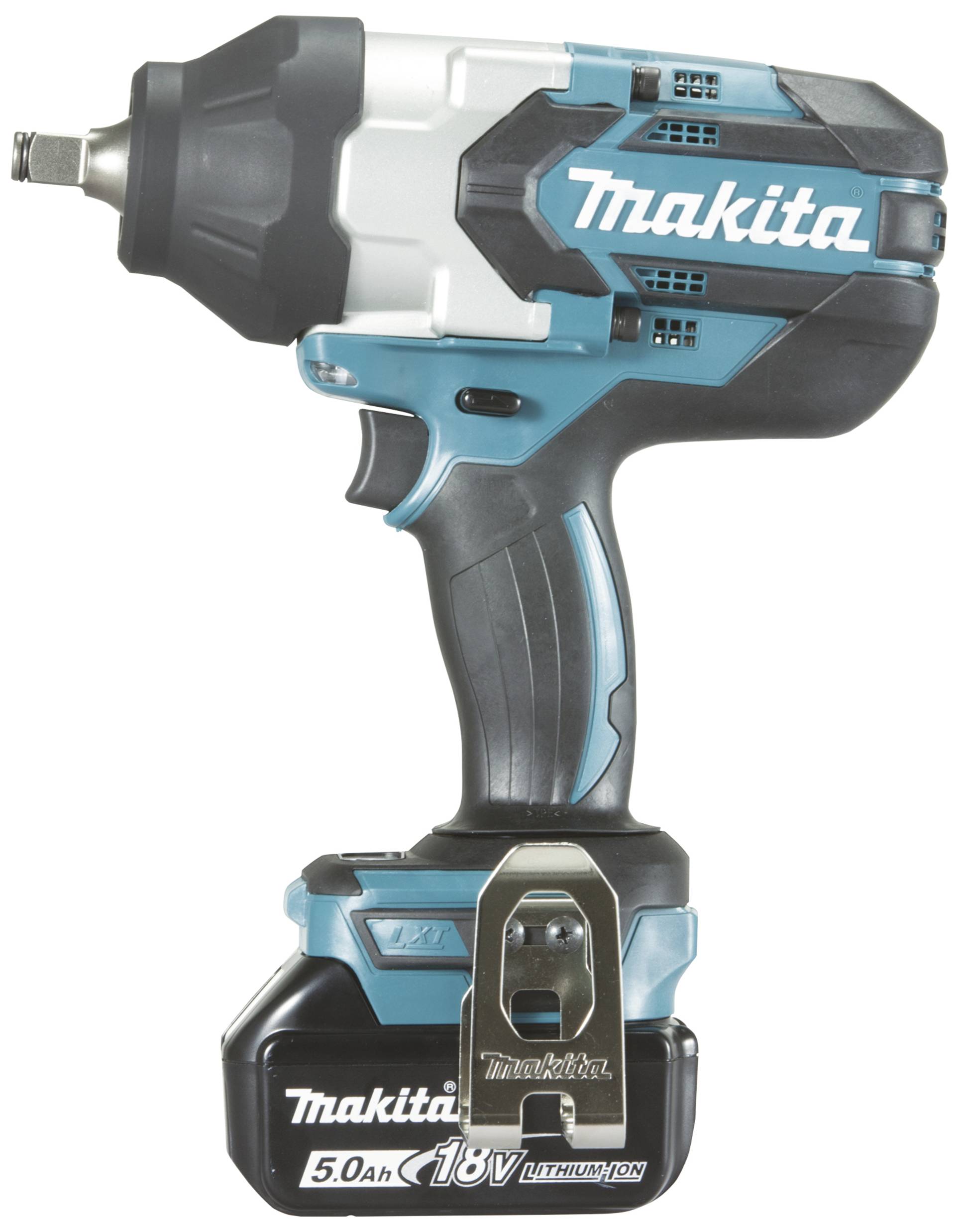 Elektrický rázový utahovák značky Makita v modro-černém provedení je napájen 18V lithium-iontovou baterií.