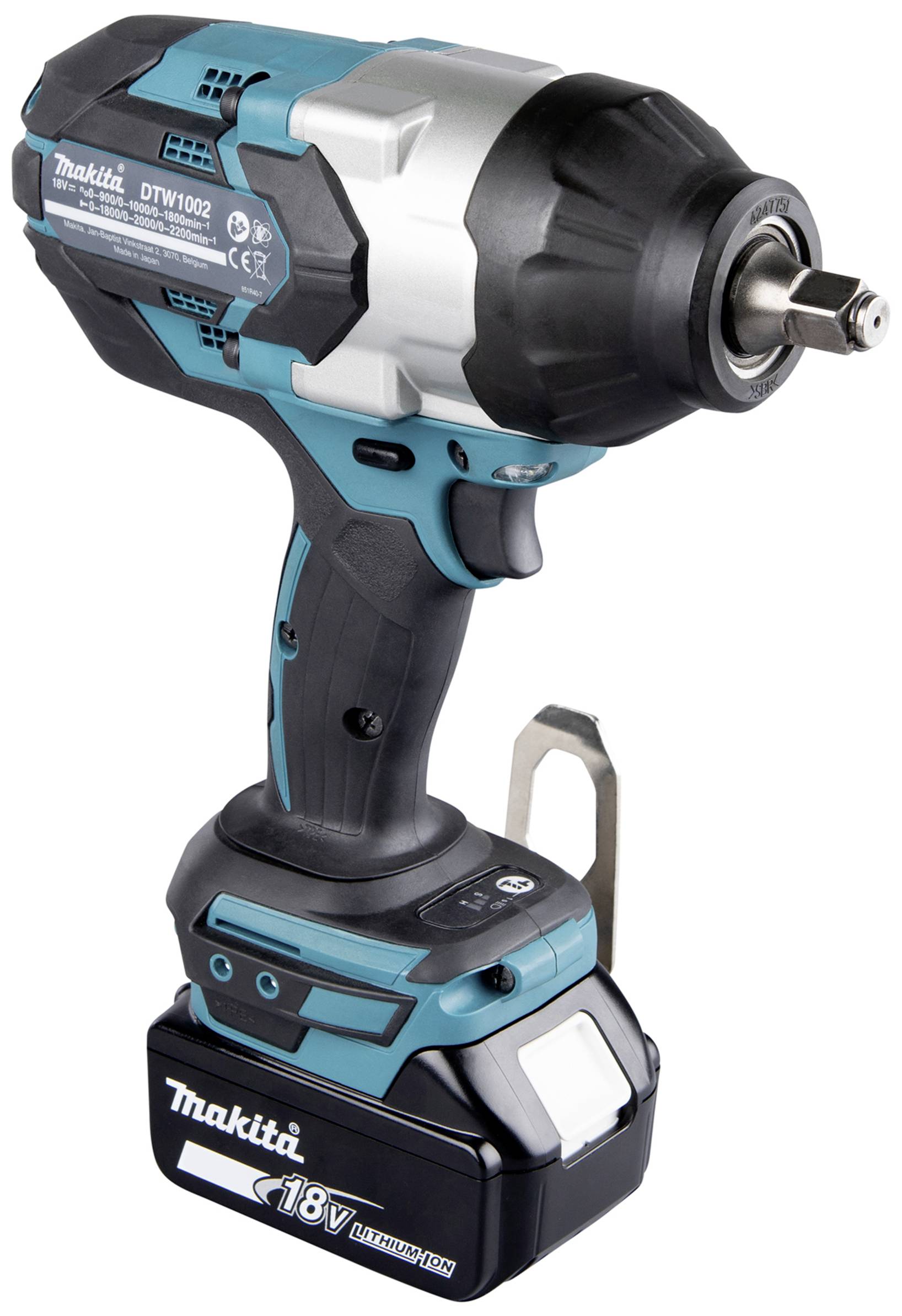 Příklepový akušroubovák s modro-černým tělem, 18V lithium-iontovou baterií a robustní kovovou hlavou. Vhodný pro silové šroubování.