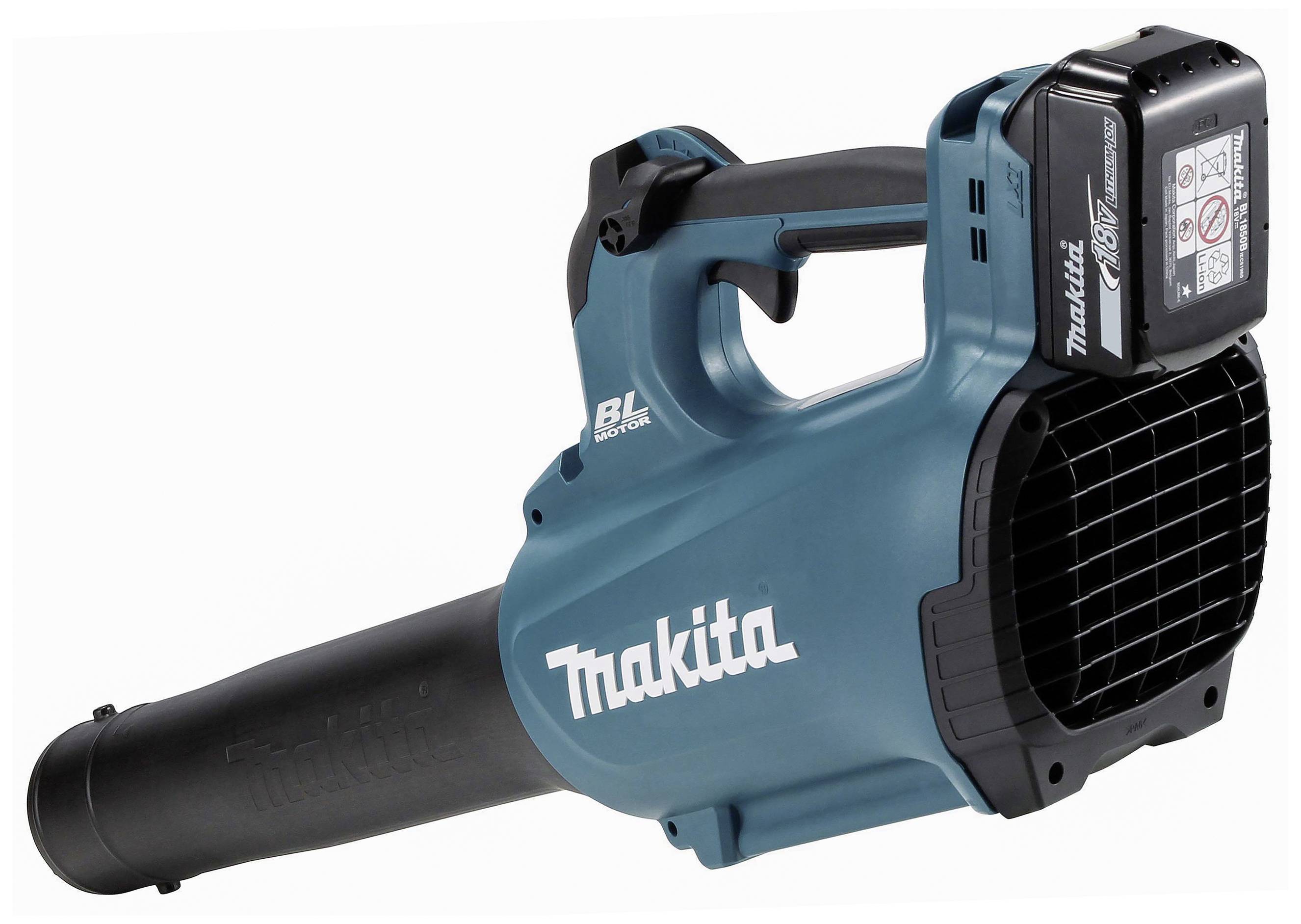 Modrý a černý elektrický foukač listí značky Makita s rukojetí a baterií.