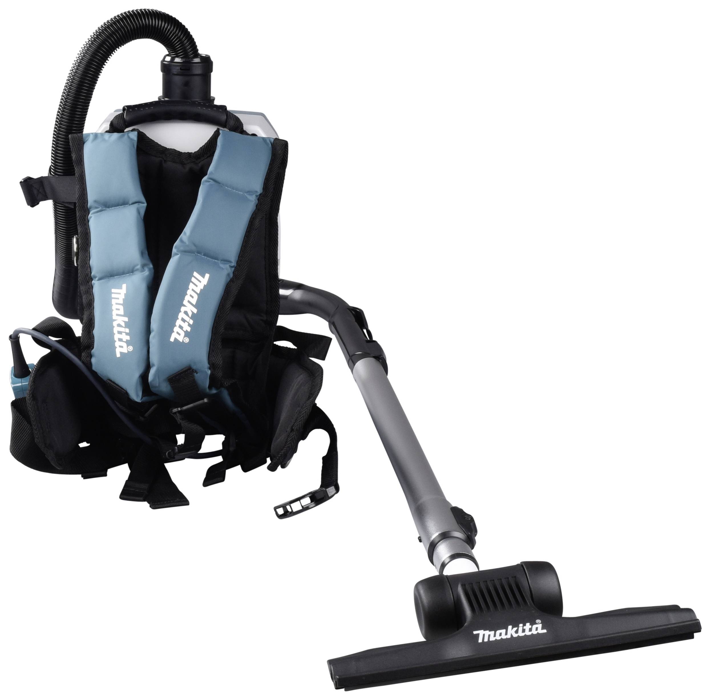 Batohový vysavač s hadicí a nástavcem, ergonomicky navržený pro mobilní použití.