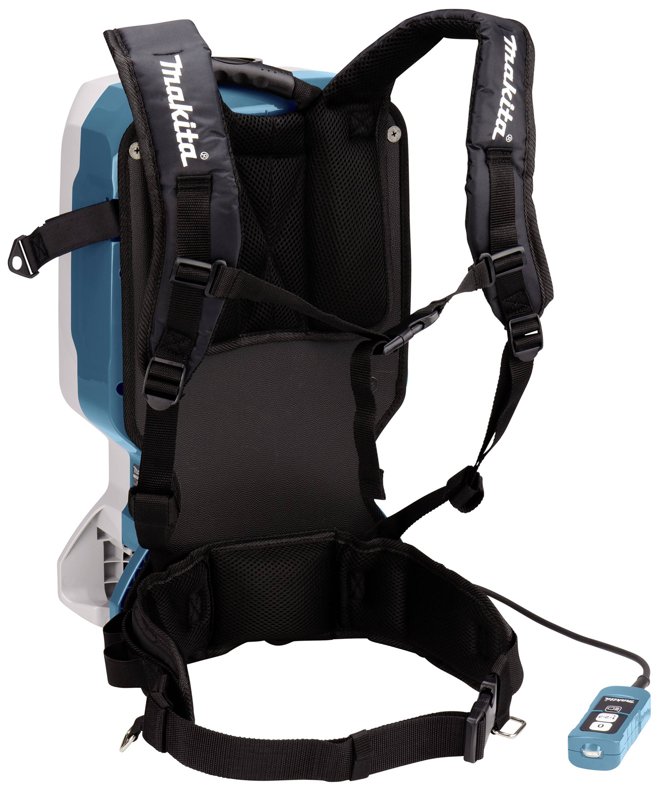 Zádový vysavač s ergonomickými ramenními popruhy a bederním pásem, modré barvy, přenosný a praktický pro flexibilní úklid.