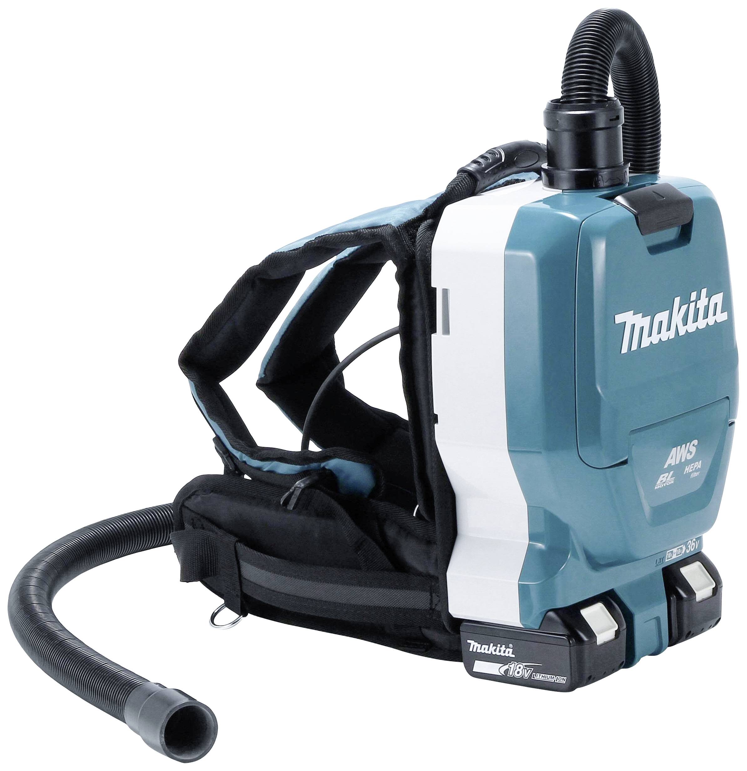 Zádový vysavač v modro-bílé barvě od značky Makita. Je vybaven sacím hadicí na horní straně a ergonomicky navrženým nosným systémem.