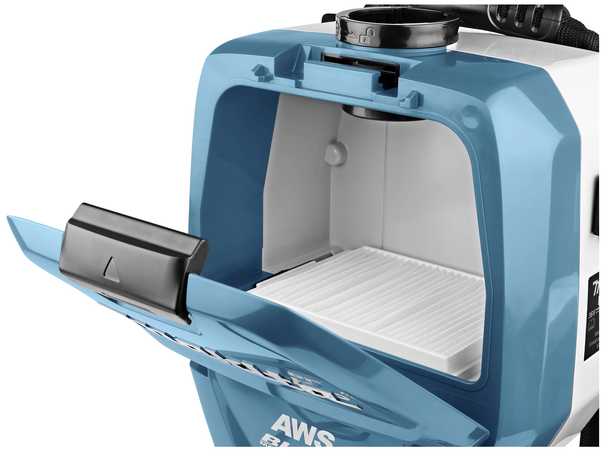 Modrý otevřený AWS kontejner s bílým vnitřkem, používaný pro průmyslové nebo řemeslné účely.