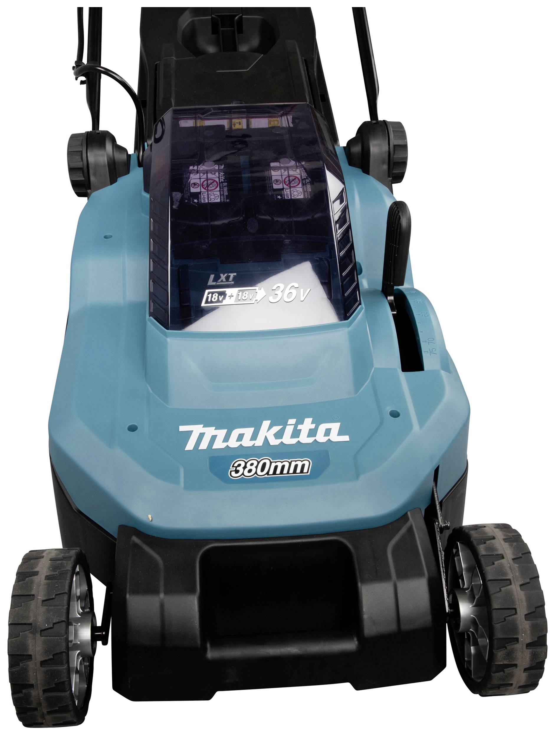 Sekačka s modrou krytem. Označení 'Makita 380mm'. Akumulátorový provoz s 36V a rozpoznatelnou LXT technologií.