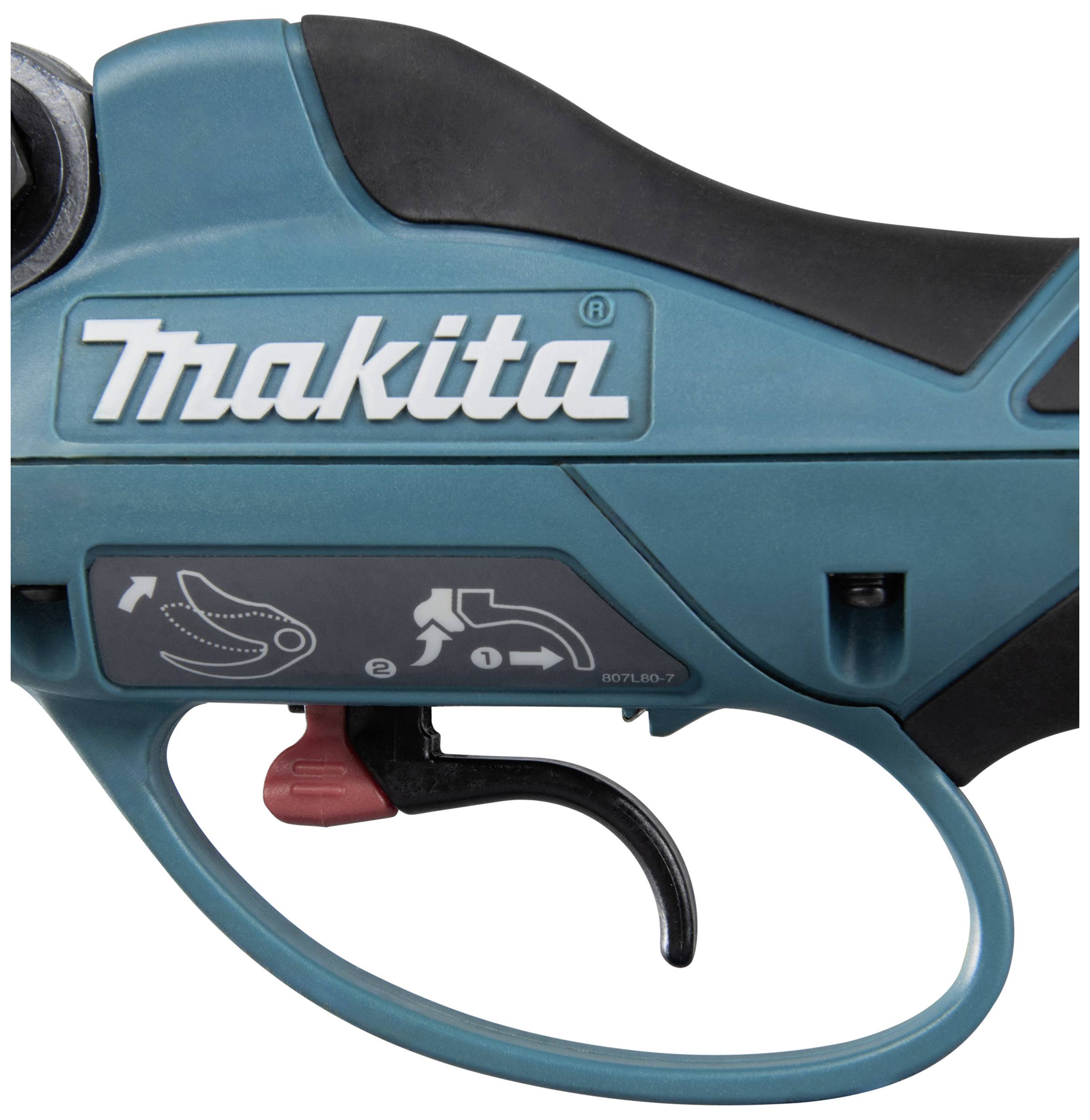Elektrický nástroj s bezpečnostními a ovládacími symboly; logo Makita je viditelné.