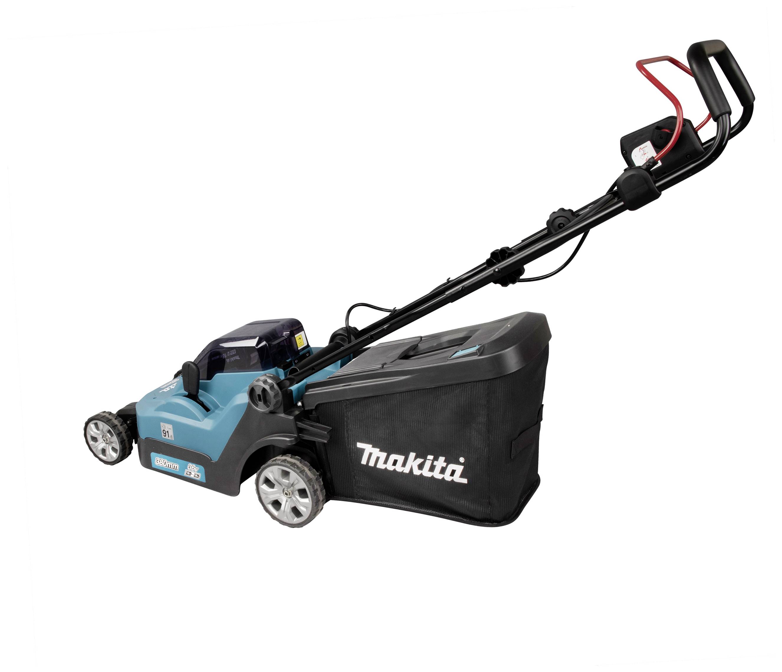 Elektrická sekačka Makita v modré a černé barvě s košem na trávu.