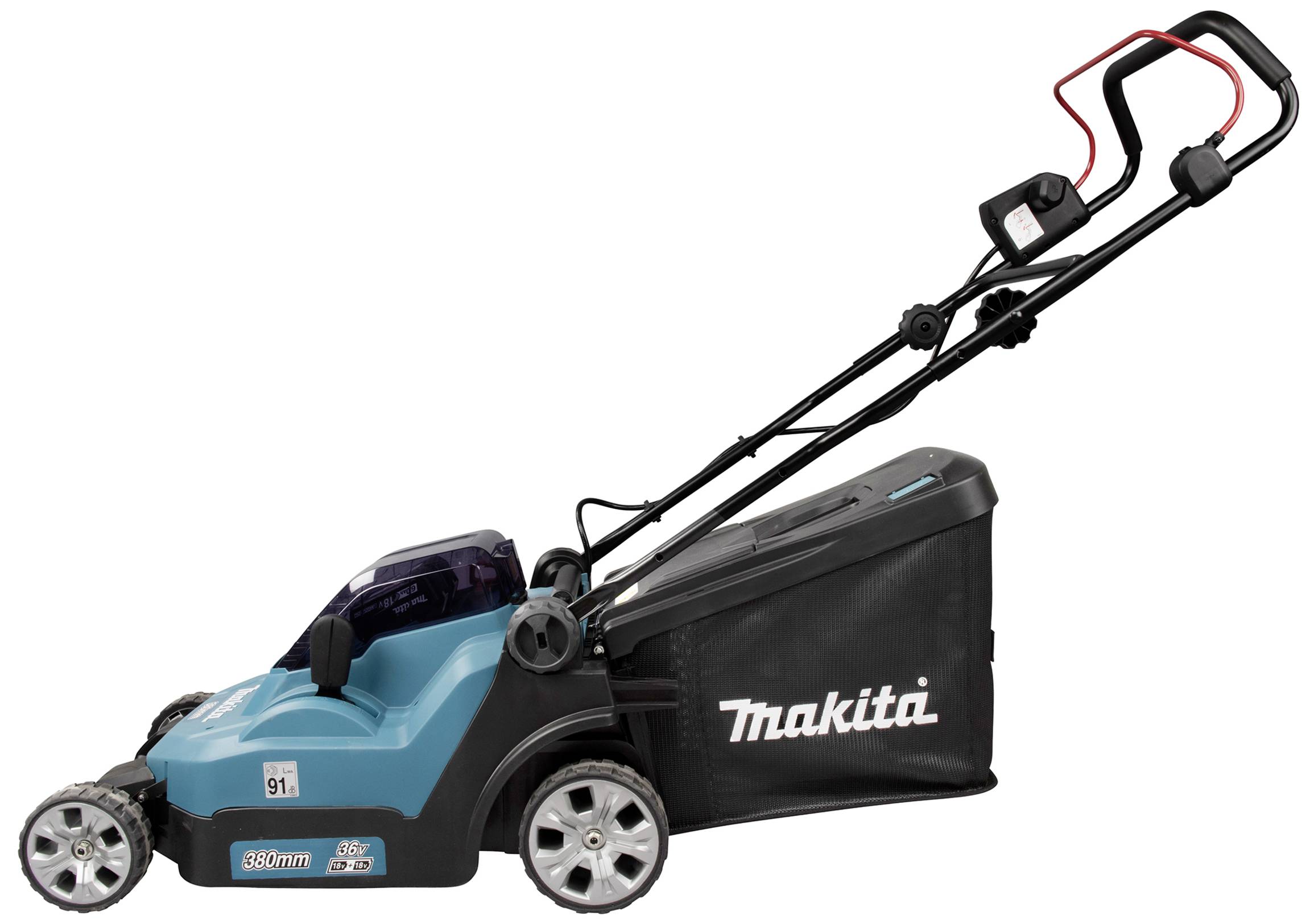Modrý elektrický sekací stroj značky 'Makita' s černou rukojetí a sběrným košem, pohled z boku. Vhodný pro středně velké zahrady.