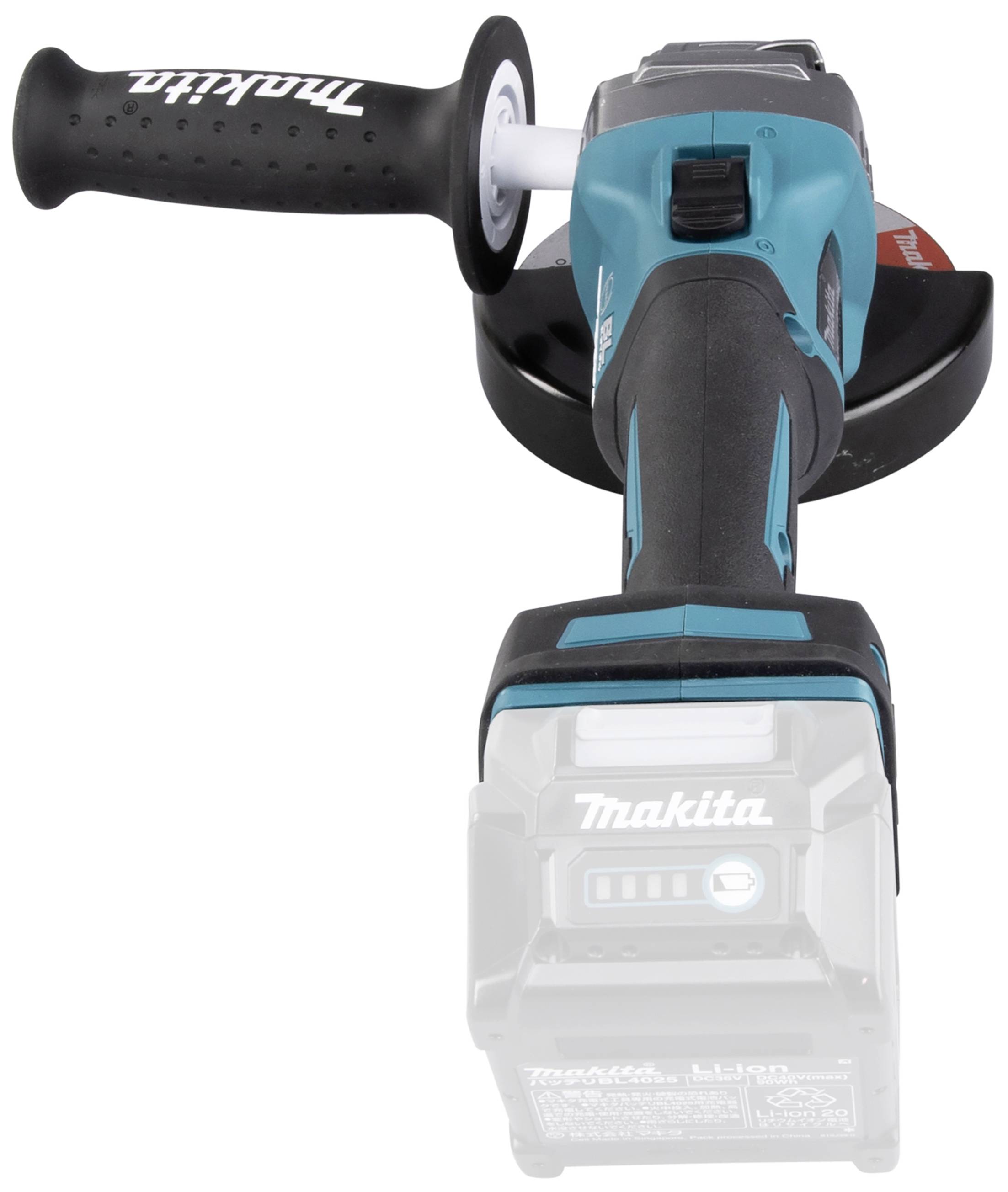 Akumulátorová úhlová bruska Makita, pohled zepředu. Ergonomická rukojeť, kompaktní design, vhodná pro brousicí práce.