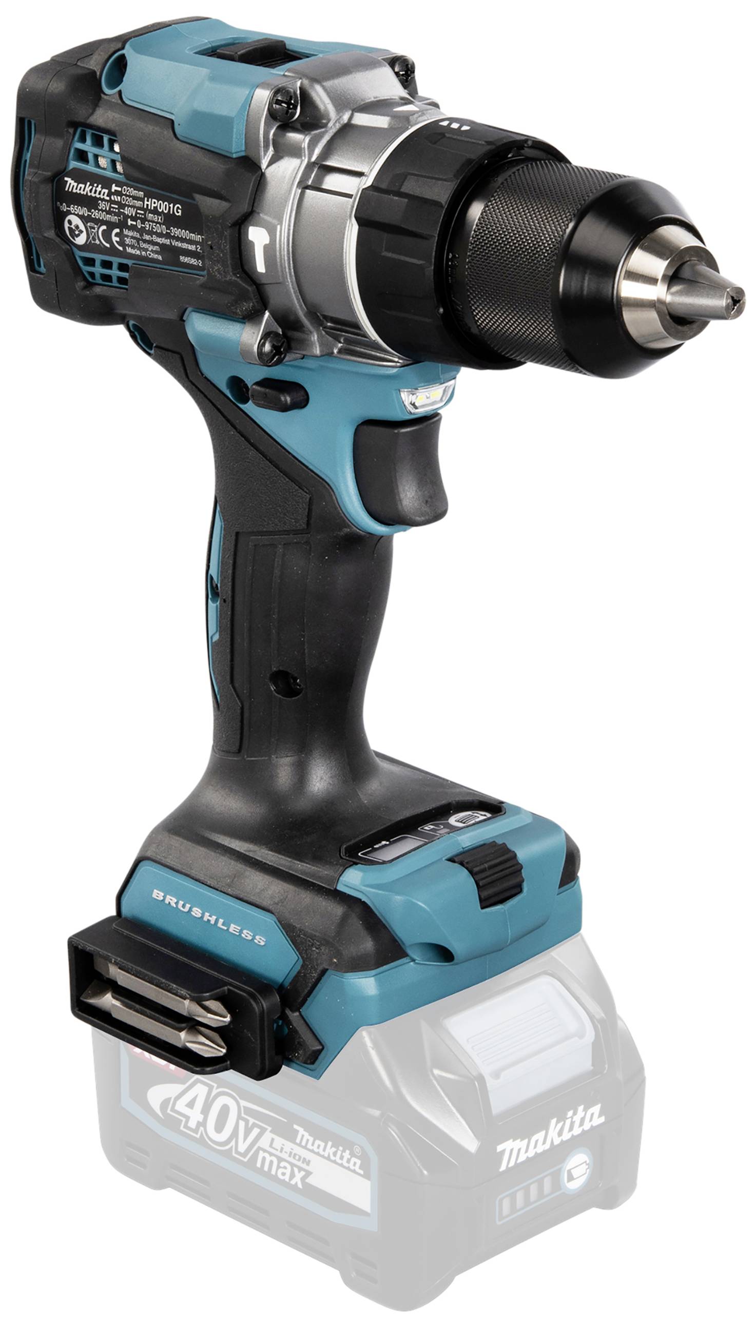 Aku šroubovák Makita s ergonomickou rukojetí, bezkartáčovým motorem a baterií 40V max, v černo-modré barevné kombinaci.