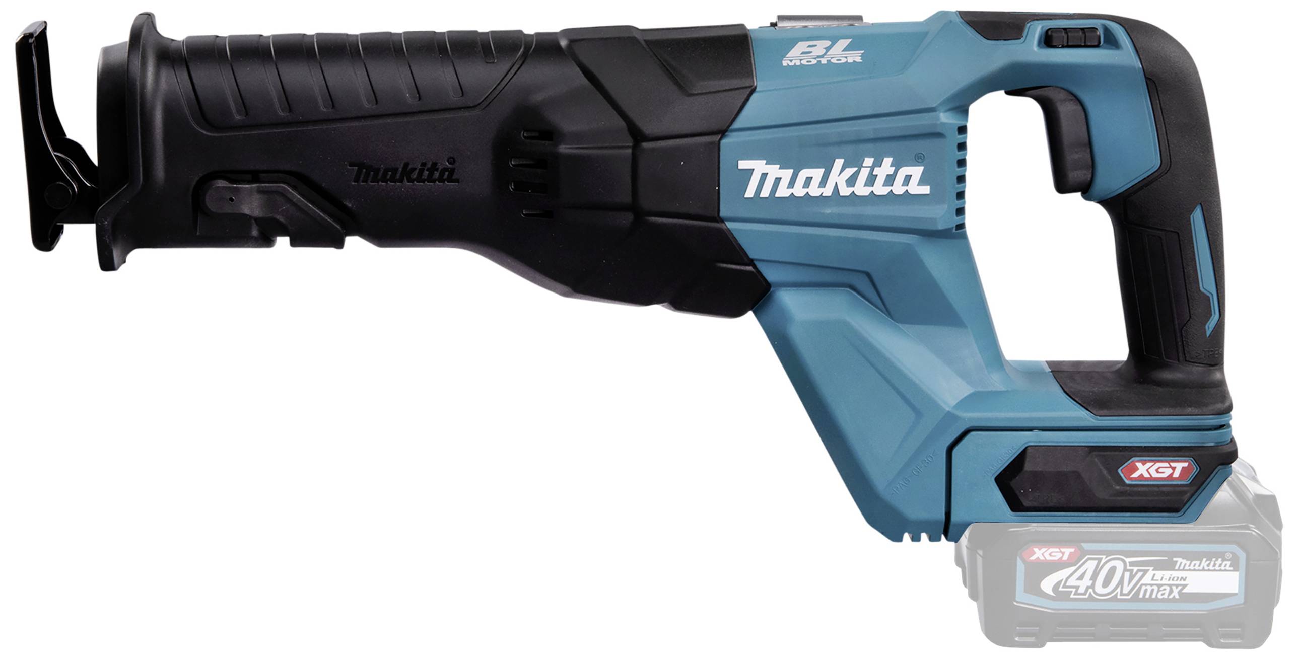 Akumulátorová mečová pila Makita, model XGT 40V, s tyrkysovým tělem, černou rukojetí a integrovaným prostorem pro akumulátor dole.