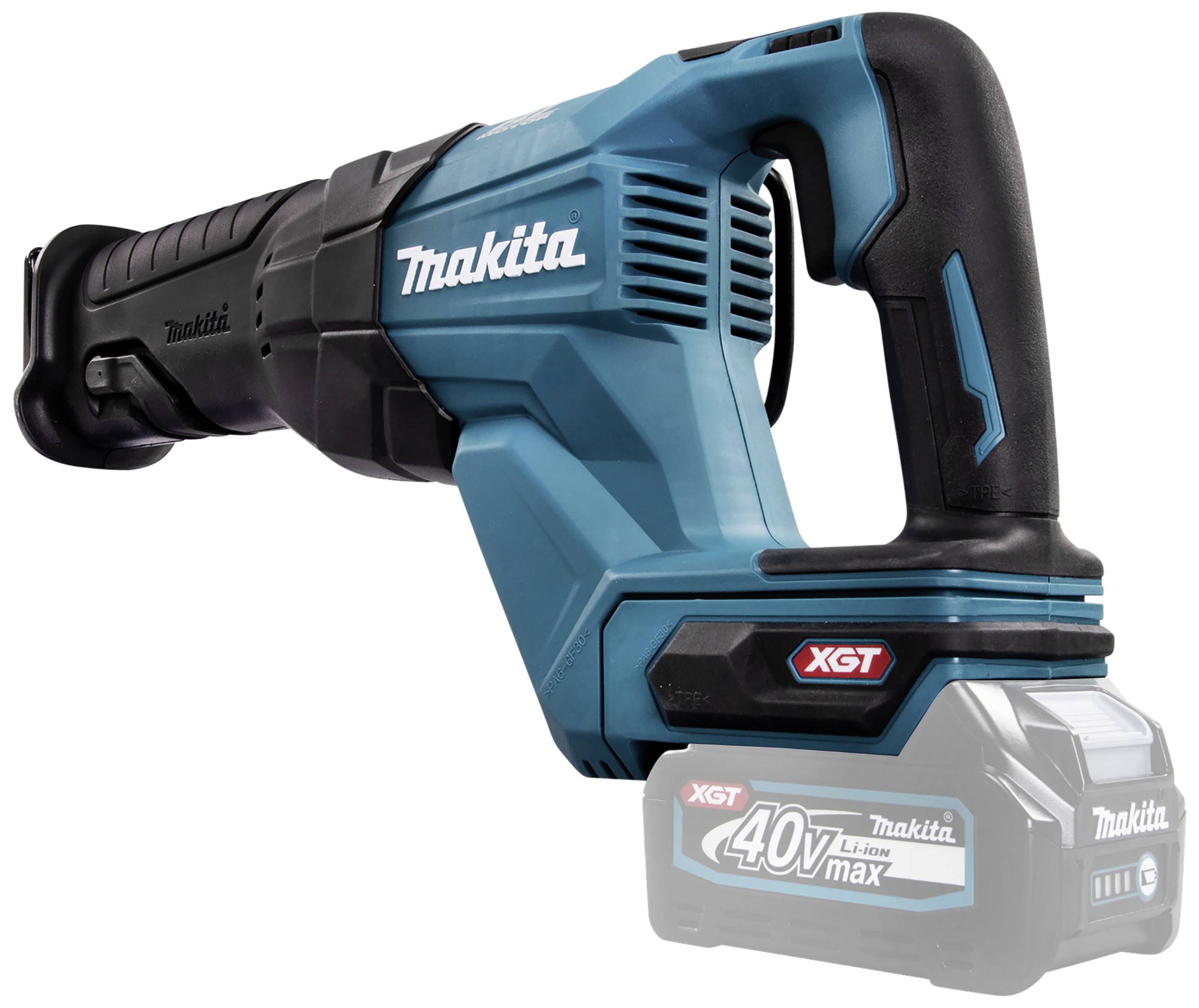 Modrá aku-šavlová pila Makita XGT s 40V lithium-iontovým akumulátorem, vhodná pro náročné řezací projekty ve stavebnictví a řemeslnictví.