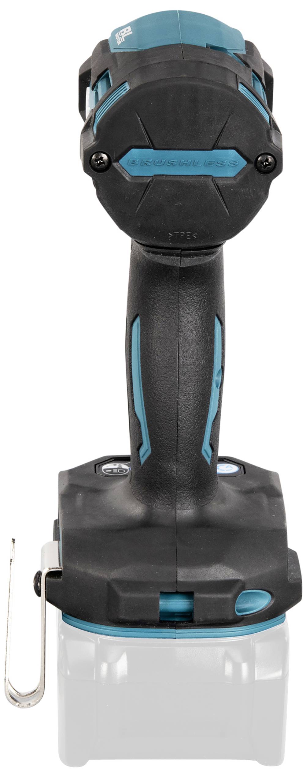 Bezdrátový elektrický přístroj s ergonomickou rukojetí a modro-černým designem stojí vzpřímeně. Dole je viditelný průhledný akumulátorový blok.
