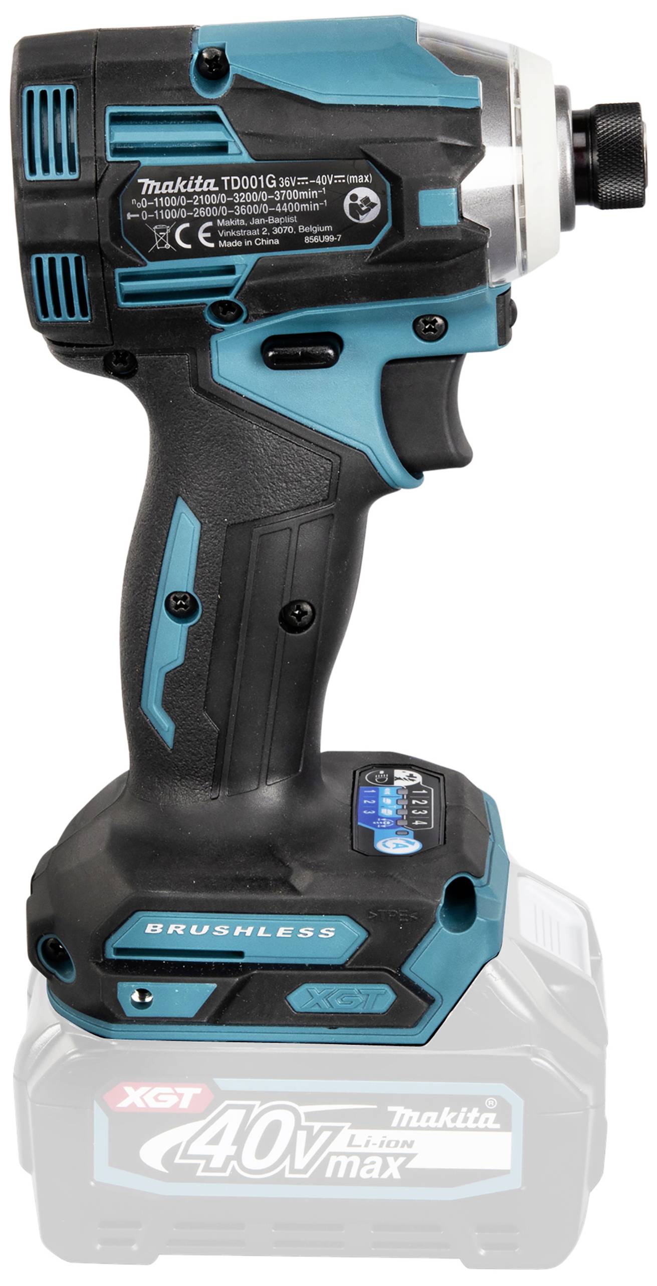 Bezuhlíkový akumulátorový šroubovák v černé a modré barvě s ergonomickým držadlem. Na zařízení je nápis 'Brushless'. Jedná se o model od značky Makita.