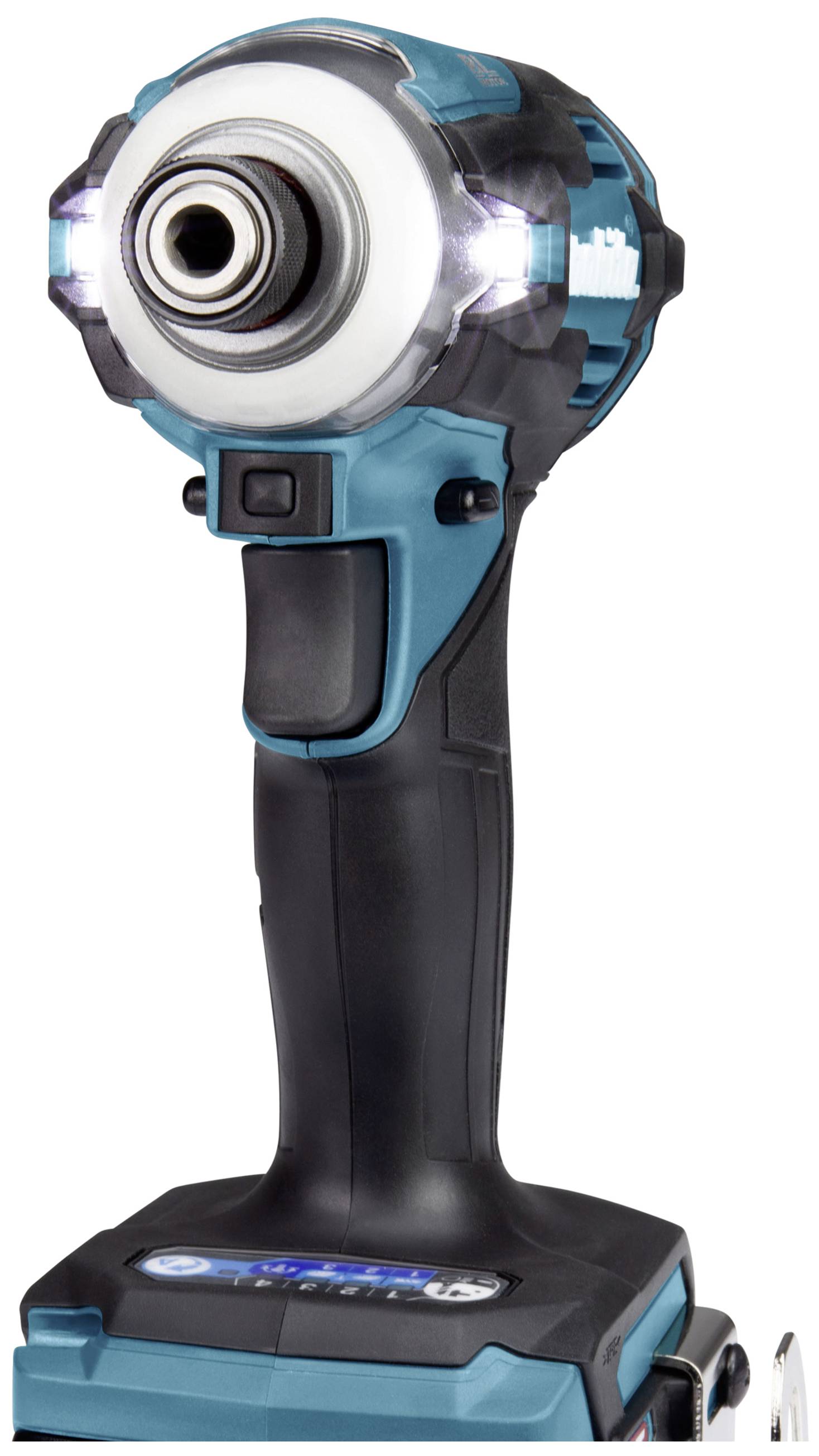 Akumulátorový rázový utahovák v modré a černé barvě, znázorněný s osvětlením na hlavě a ergonomickou rukojetí.