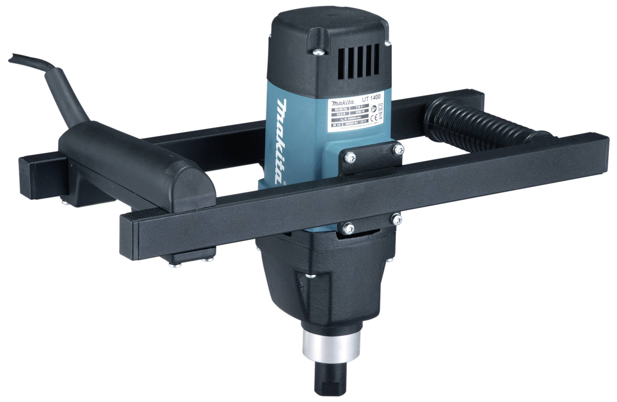 Elektrické nářadí: Elektronický míchač malty s modře-černým krytem, rukojetí a tyčí, vhodný pro stavební a renovační práce.