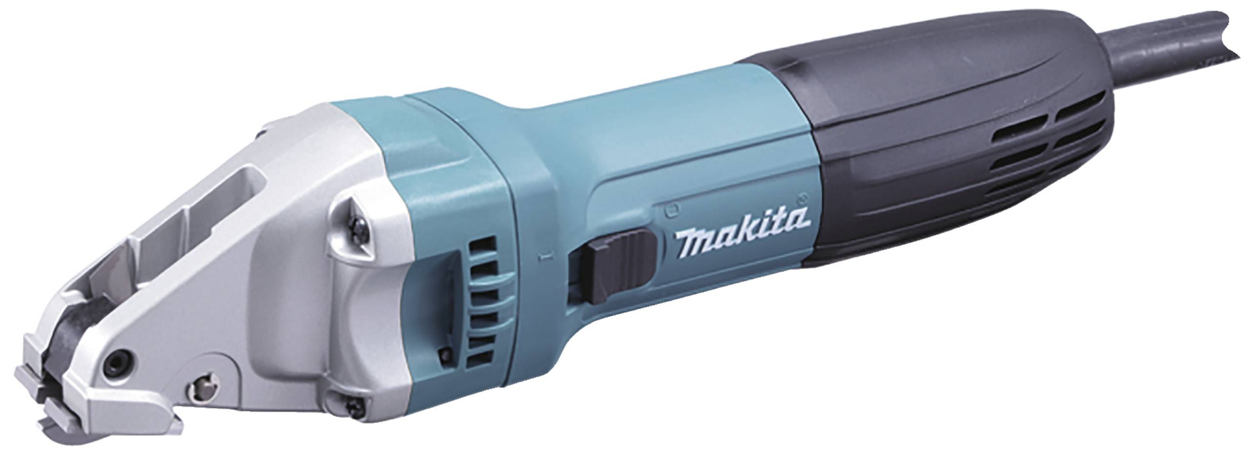 Elektrické ruční nůžky v světle modrém pouzdře, vhodné pro řezání plechu. Značka 'Makita' na boku.