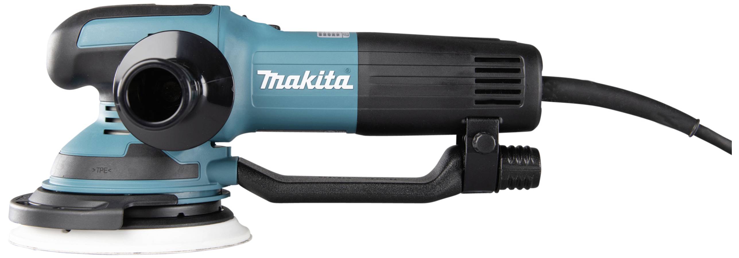 Modrá a černá excentrická bruska od Makity s ergonomicky tvarovanou rukojetí a síťovým kabelem.