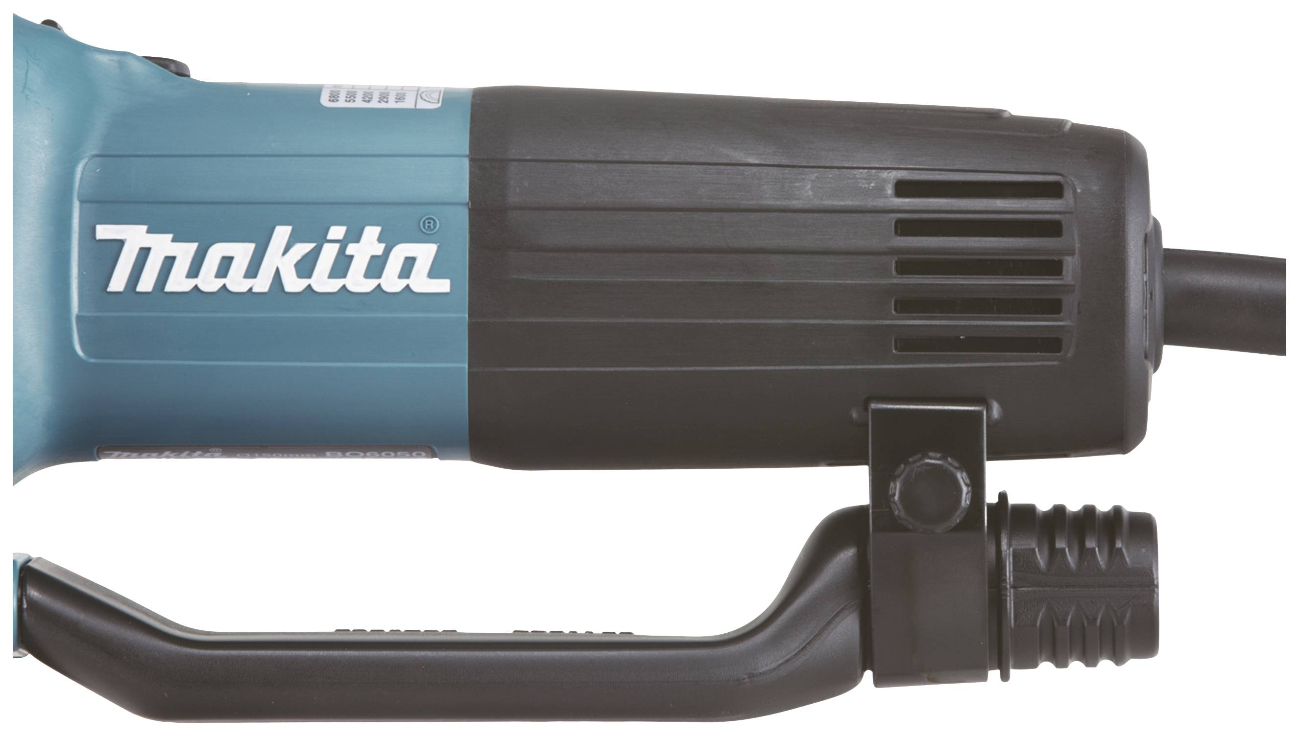 Elektrické nářadí značky Makita s modro-černým krytem, větracím otvorem a rukojetí.