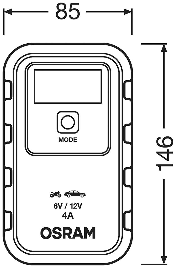 Nabíječka baterií pro 6V/12V, 4A s LED displejem a tlačítkem režimů, vhodná pro motocykly a automobily, rozměry: 85x146 mm.